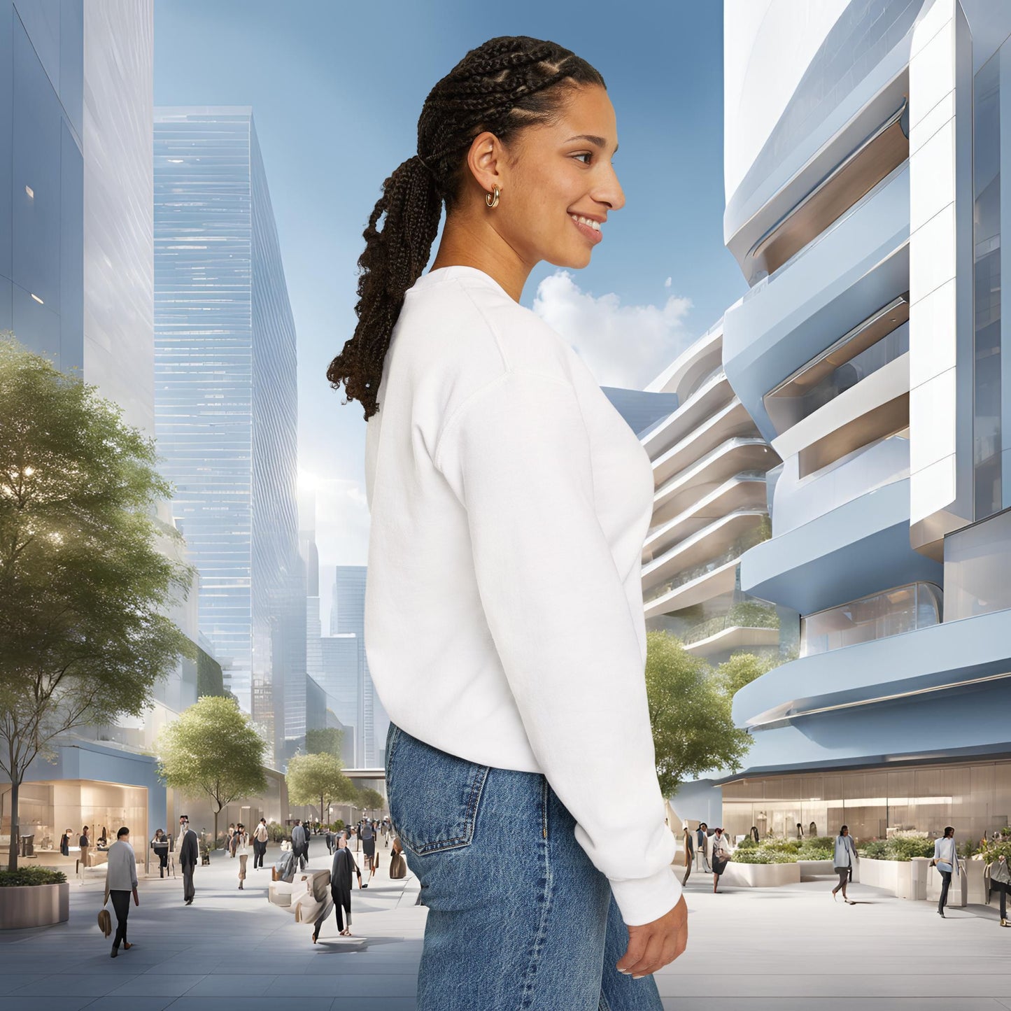 Woman in a white 'EssenceInnoCreate' sweatshirt and blue jeans standing in a modern cityscape with tall buildings and trees.