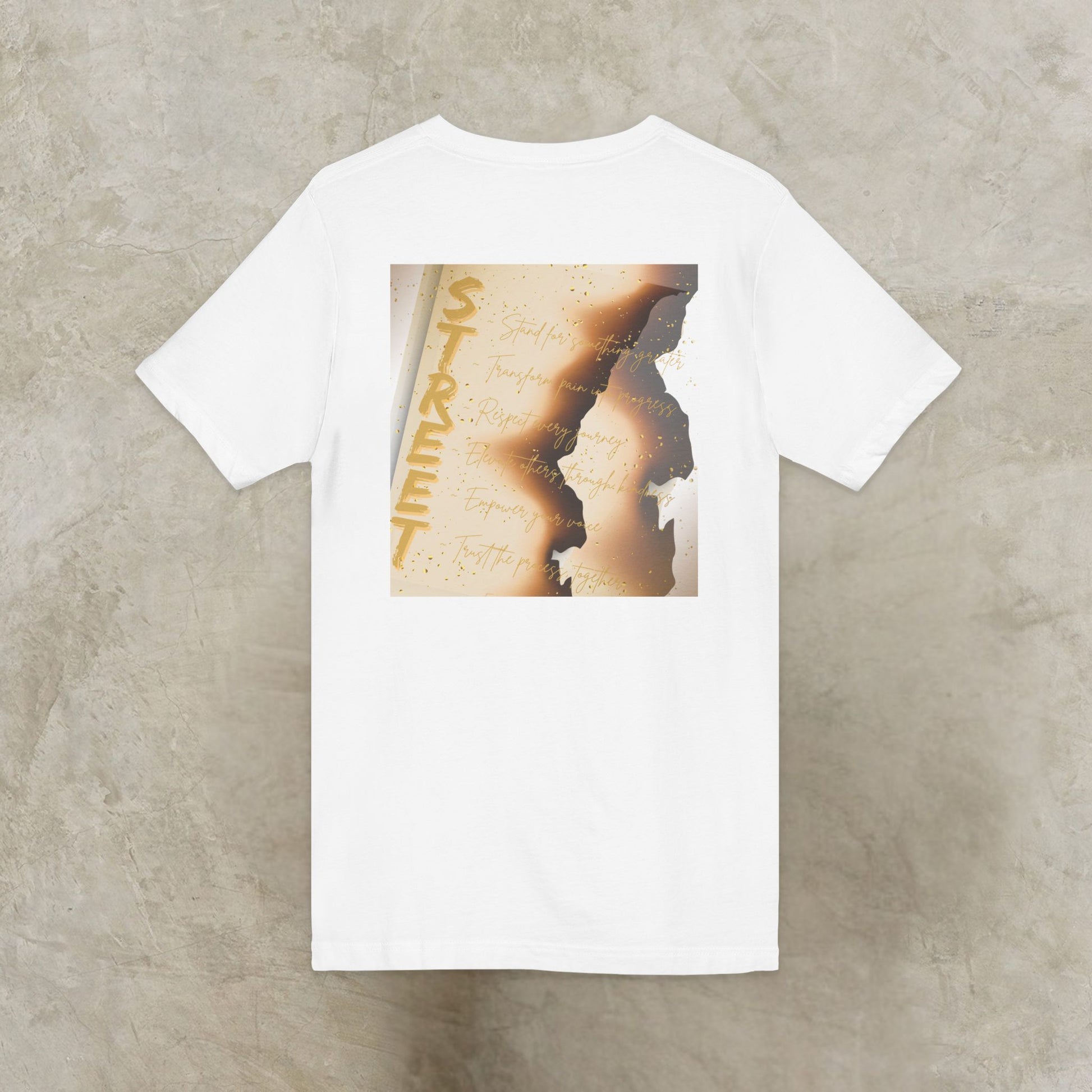 White EssenceInnoCreate t-shirt with a graphic design on the back against a concrete wall.