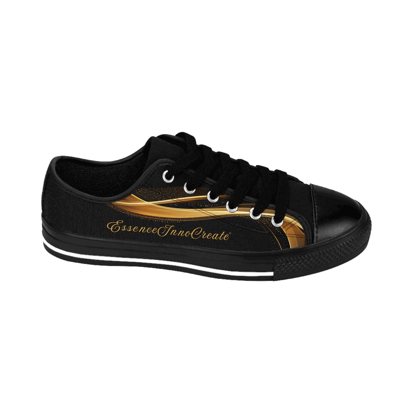 Black sneaker with gold accents and 'EssenceInnoCreate' text on a white background