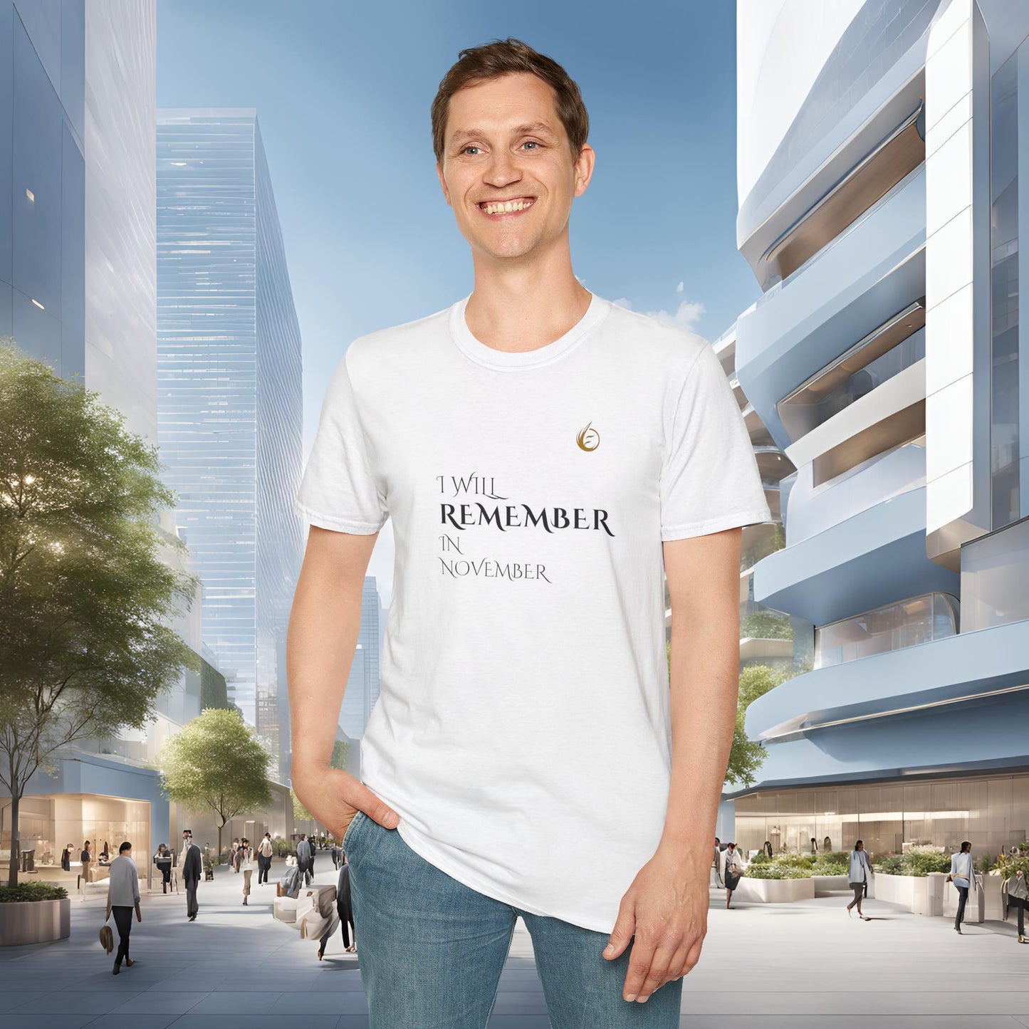 Person wearing a white EssenceInnoCreate Quiet Resolve t-shirt with text in an urban setting
