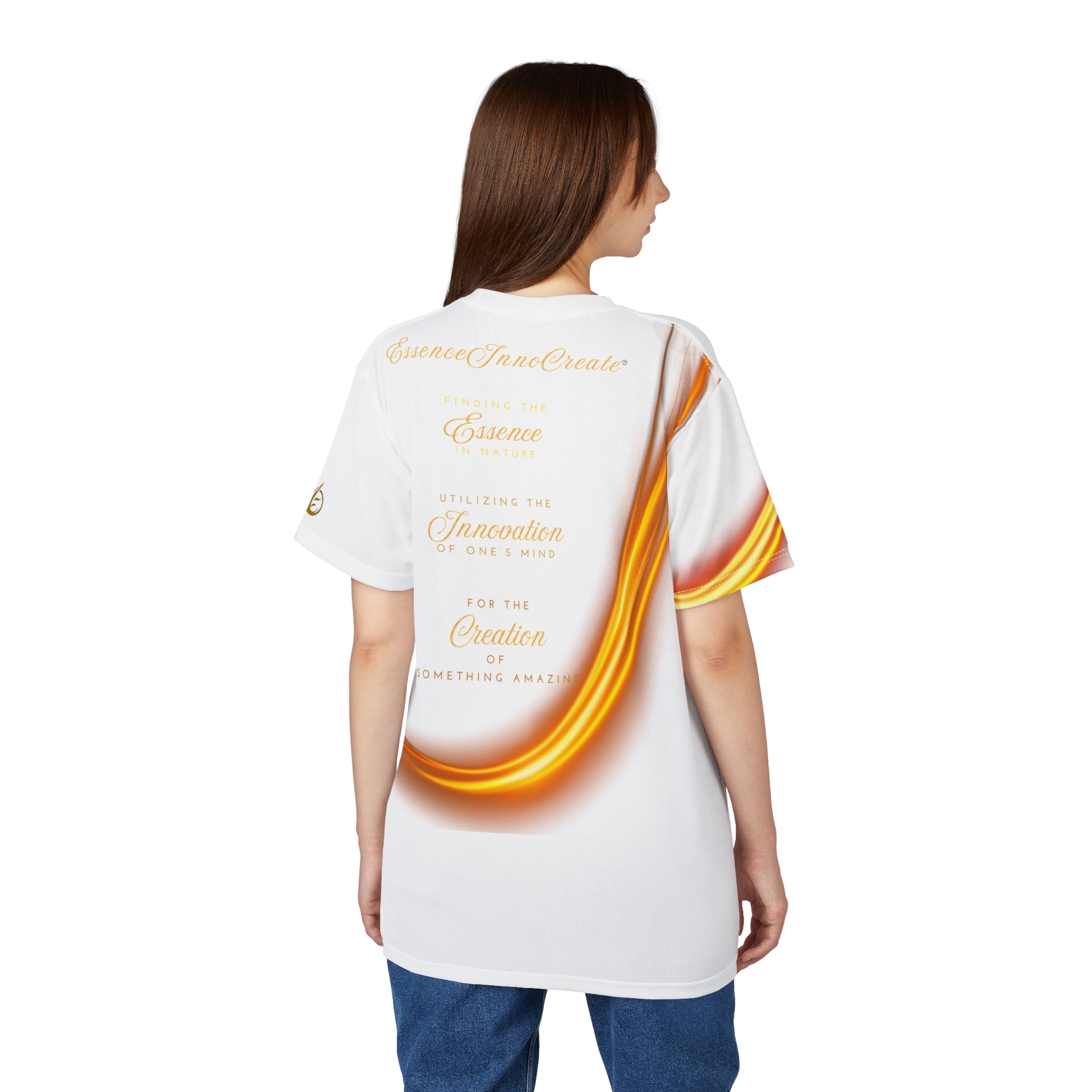 Woman wearing a white t-shirt with a colorful design on the back, standing against a white background.