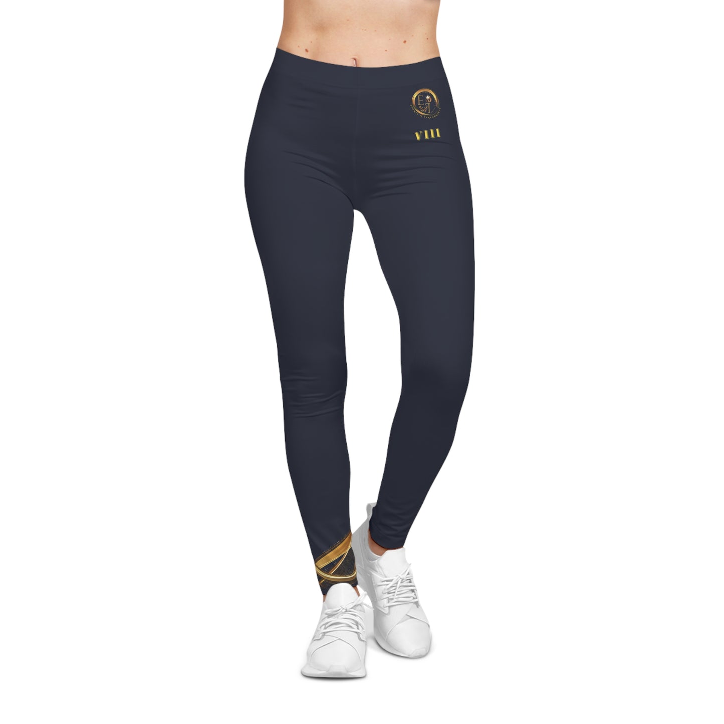 Navy Blue leggings with a logo on a white background
