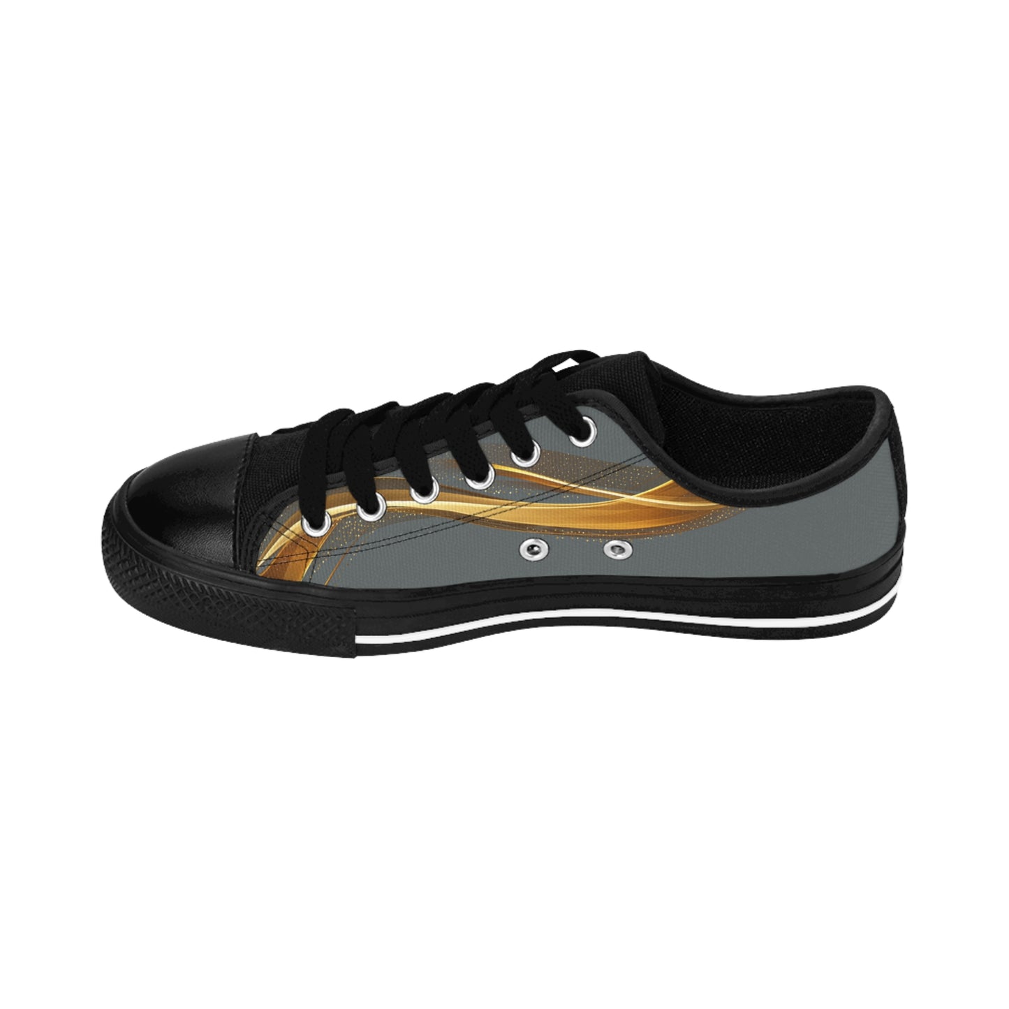 Black 'EssenceInnoCreate' sneaker with gold and gray design on a white background