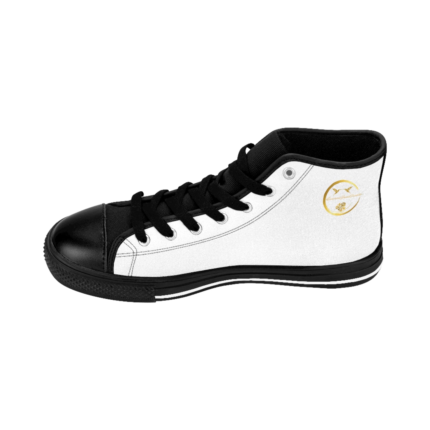 Black and white high-top 'EssenceInnoCreate' sneaker with a gold logo on a white background