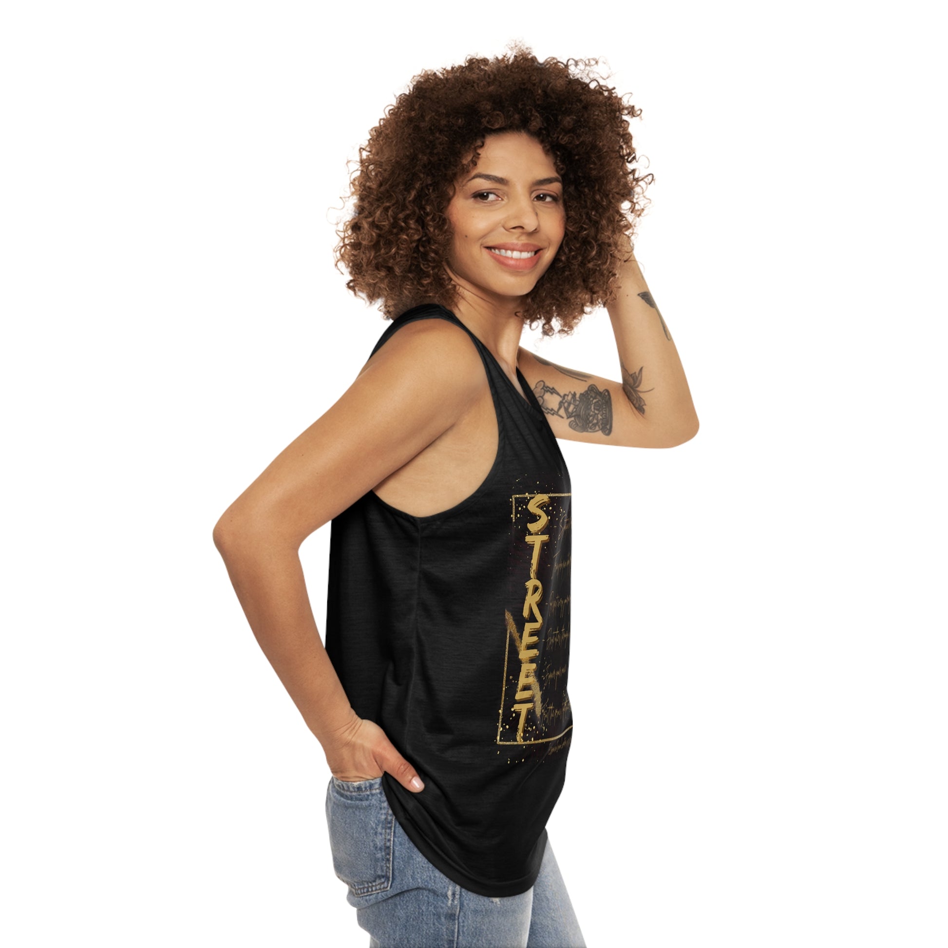 Woman wearing a black EssenceInnoCreate tank top with gold text on a white background
