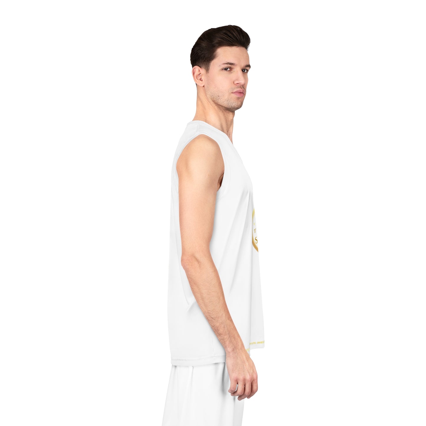 Man wearing a white sleeveless shirt with a logo on a white background