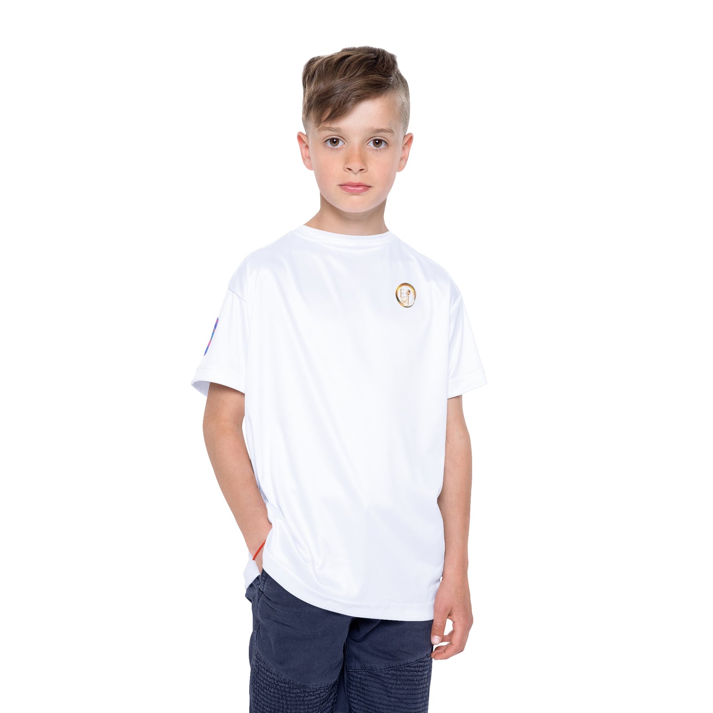 Young boy wearing a white t-shirt with an Essence Innovation logo on a white background