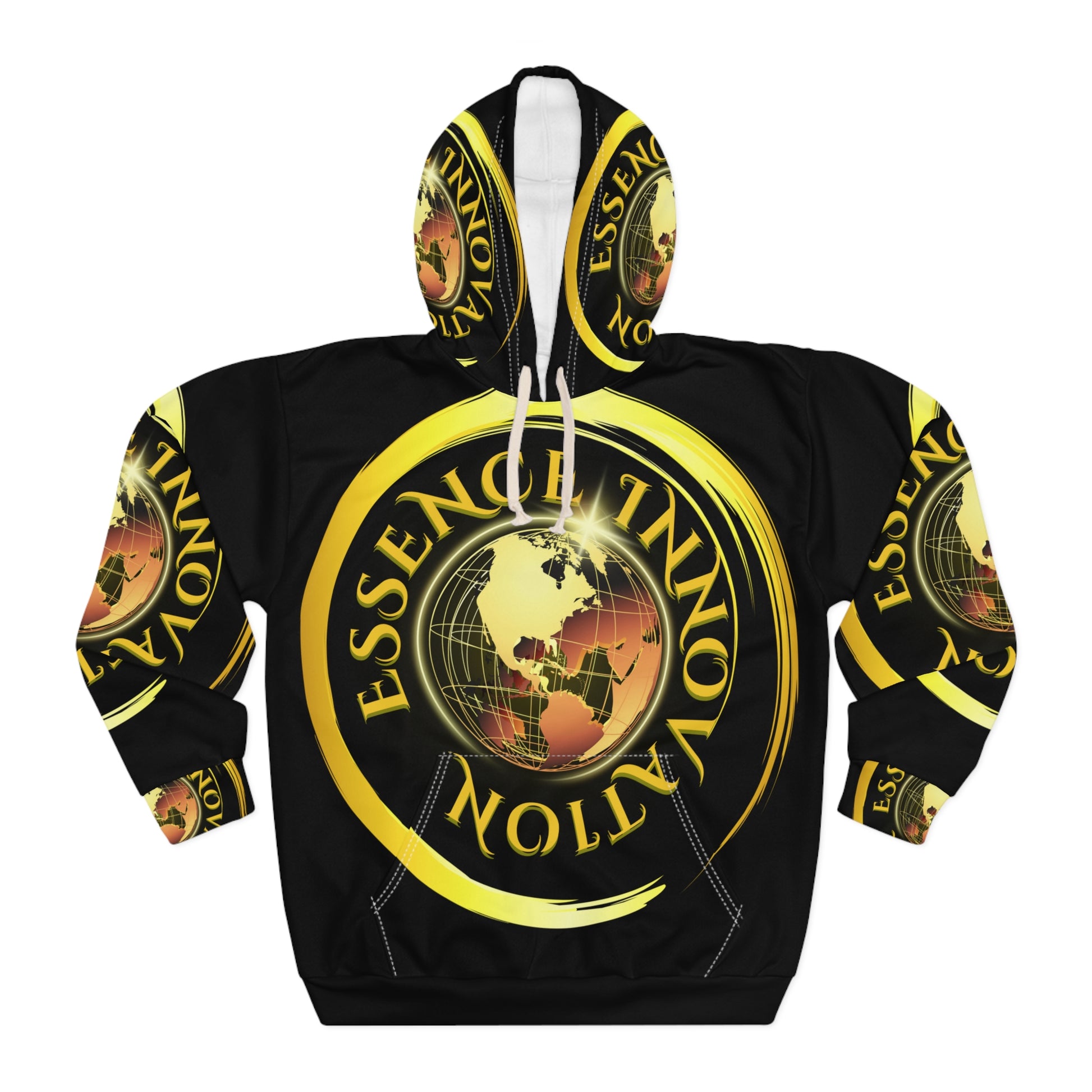 Black hoodie with yellow and red design on a white background