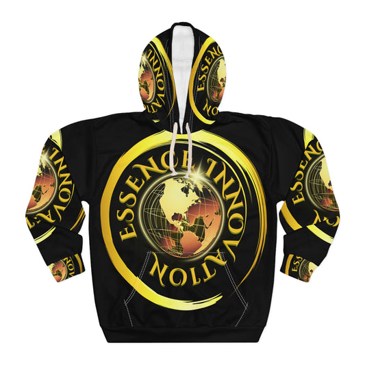 Black hoodie with yellow and red design on a white background