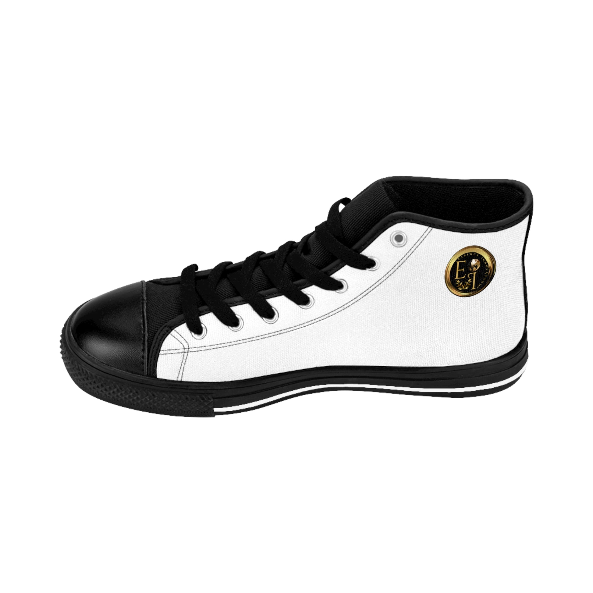 Black and white high-top 'Essence Innovation' sneaker with a gold logo on a white background