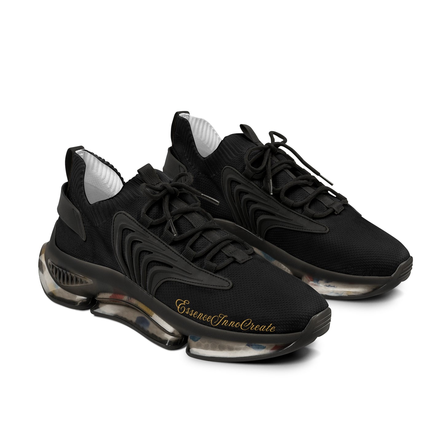 Black 'EssenceInnoCreate' sneakers with transparent sole on a white background