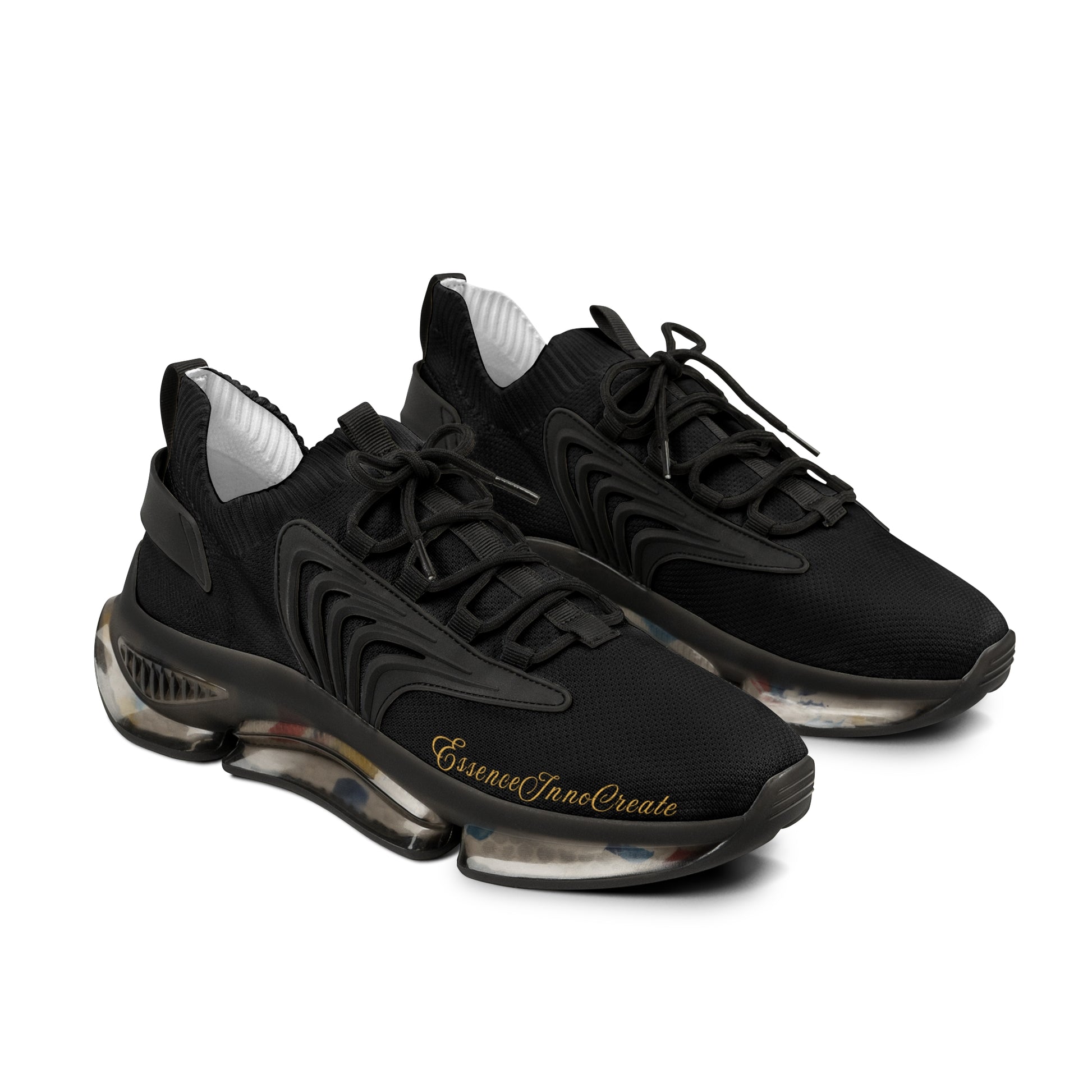 Black 'EssenceInnoCreate' sneakers with transparent sole on a white background