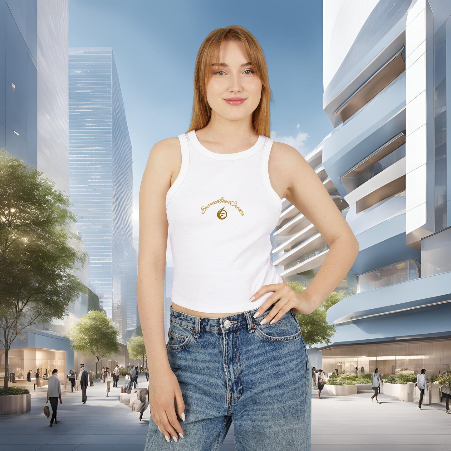Woman wearing a white tank top with an EssenceInnoCreate logo in an urban setting