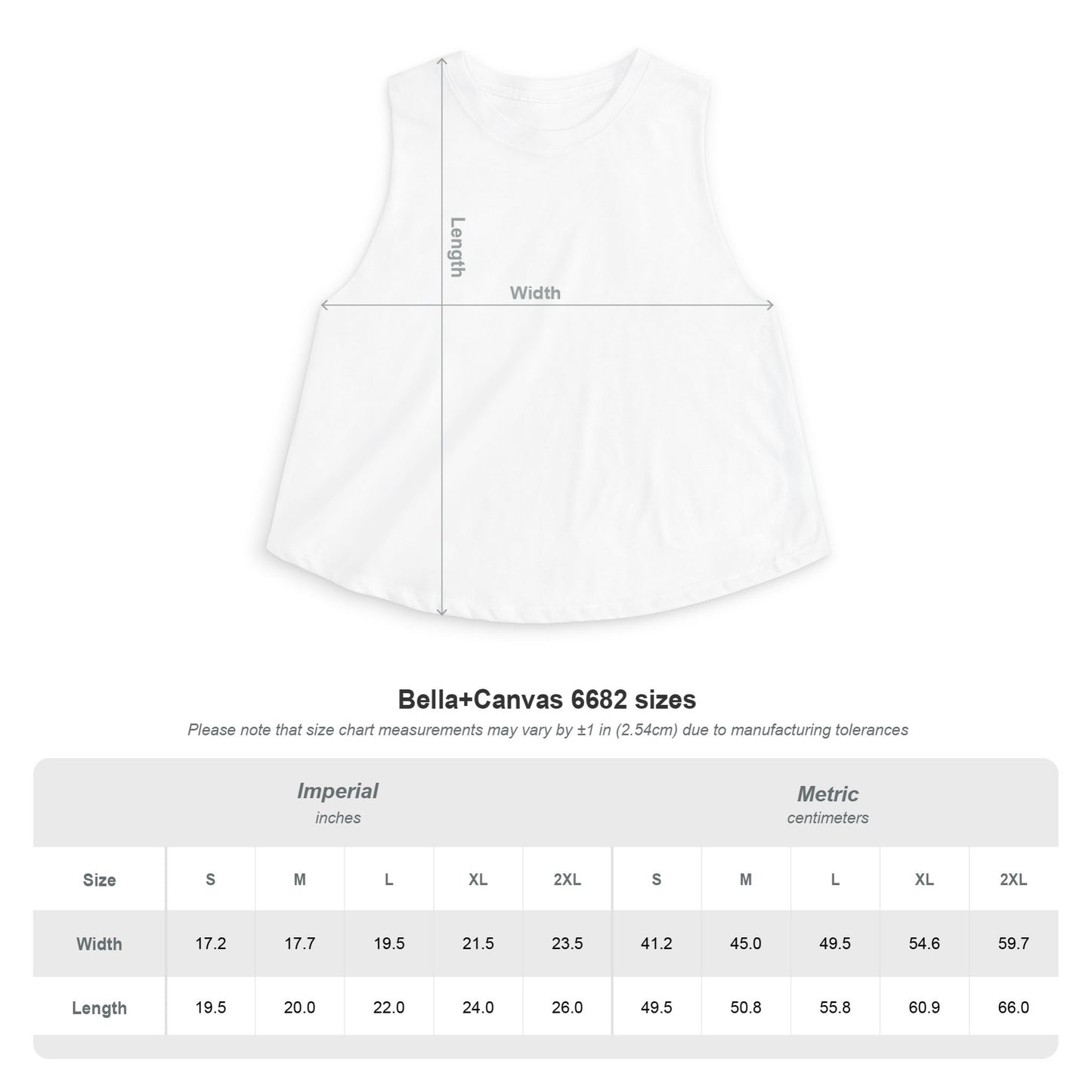 Essence Innovation Bohemian Butterfly Measurement chart for a white tank top with size chart below