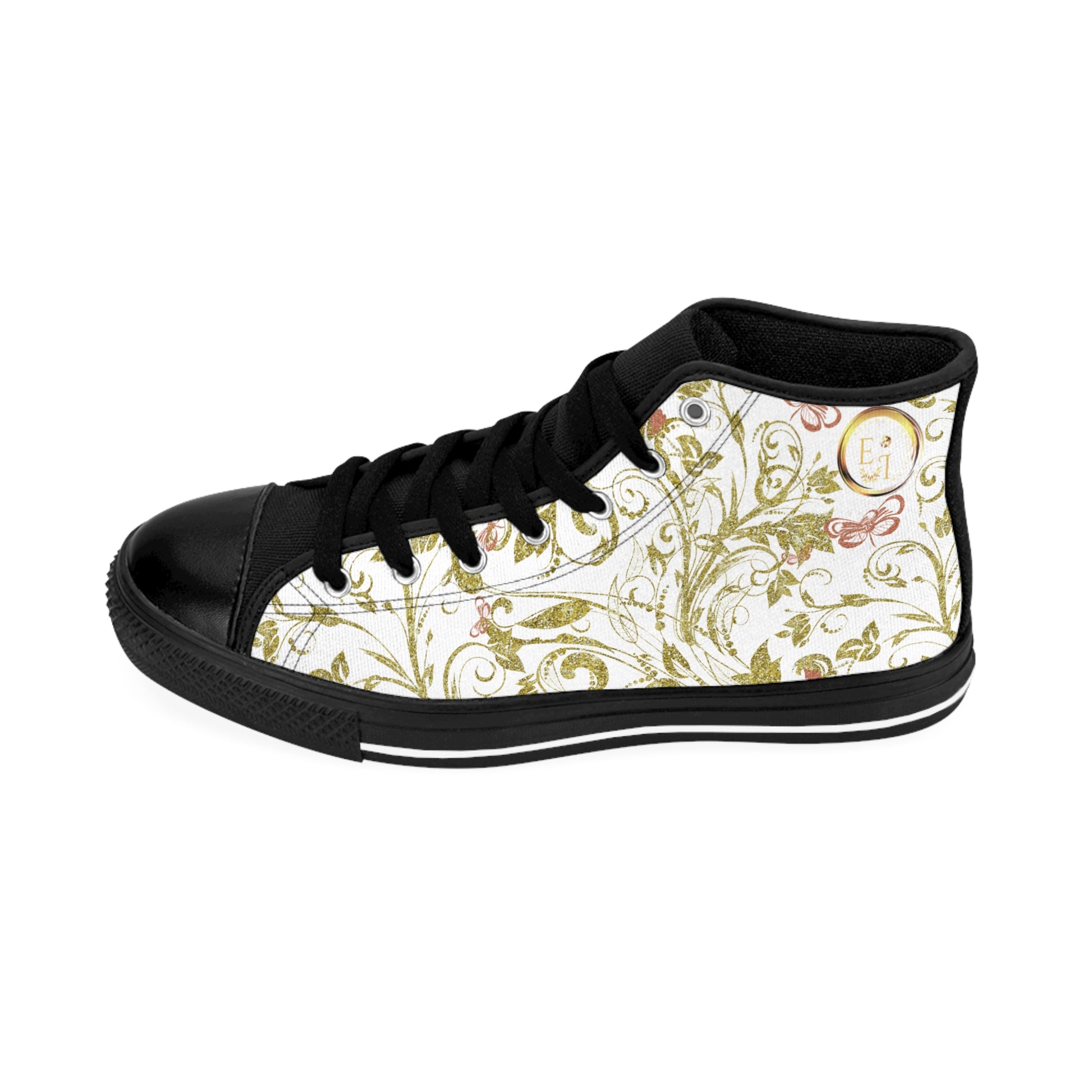 Black Essence Innovation high-top sneaker with floral pattern on a white background