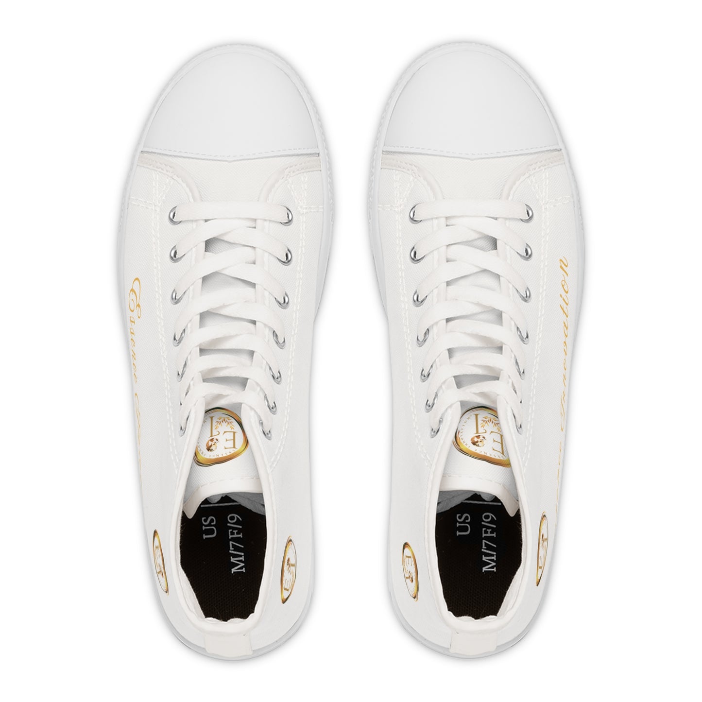 Pair of white 'Essence Innovation' sneakers with gold accents on a white background