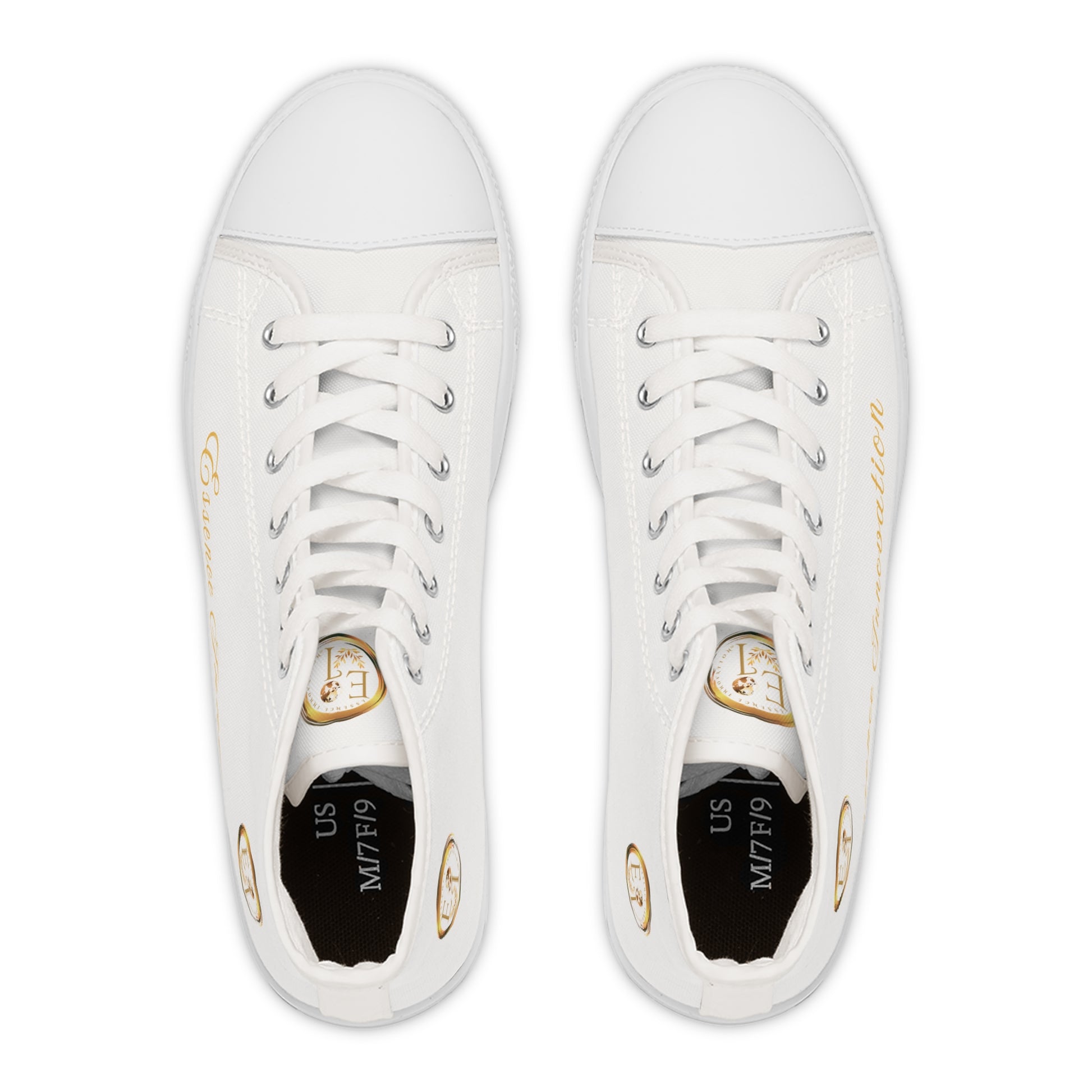 Pair of white 'Essence Innovation' sneakers with gold accents on a white background