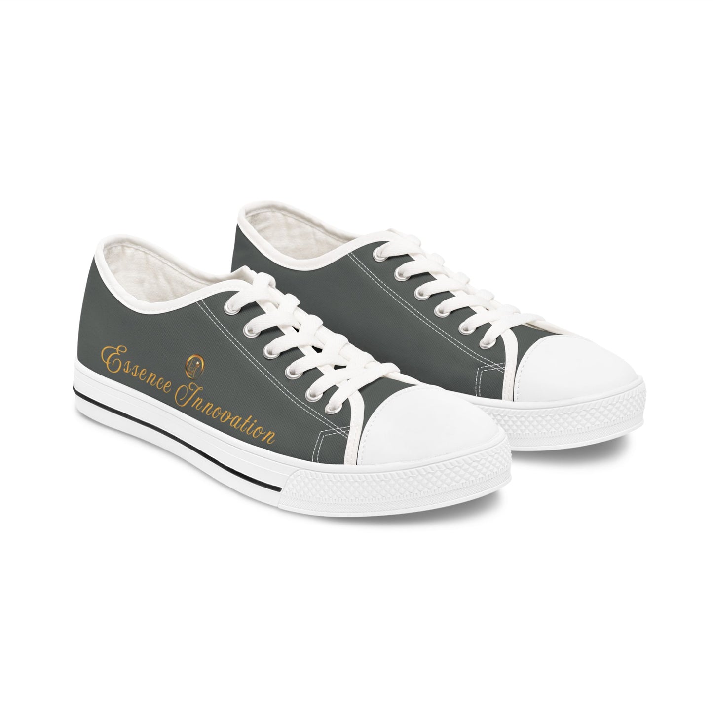 Black and white 'Essence Innovation' sneakers with a logo on a white background