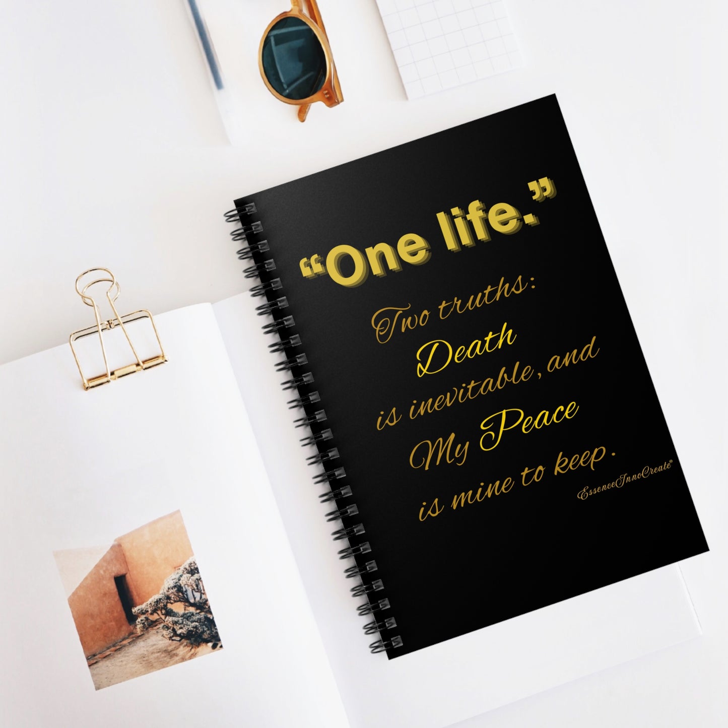 "One life."  Spiral Journal | Black with Inspirational Gold Quote