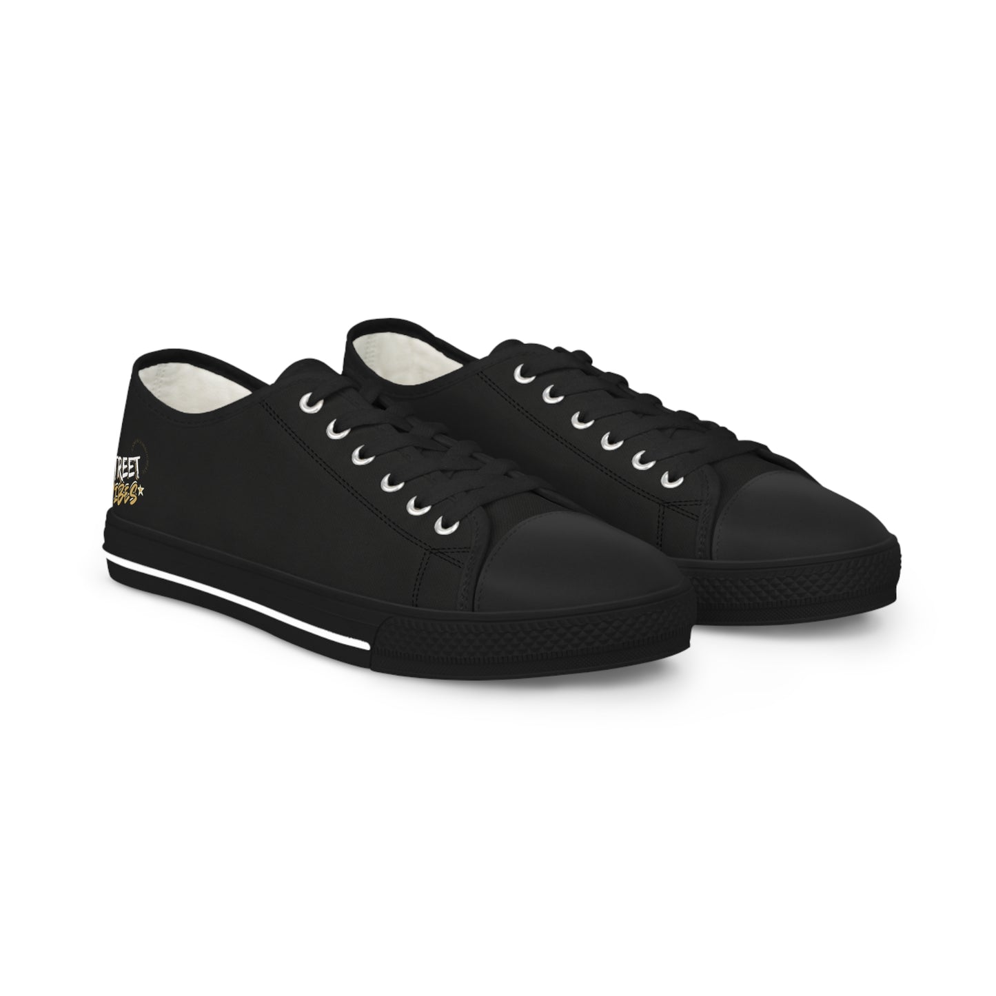 Black sneakers with an Essence Innovation 'Street Vibes' logo on a white background