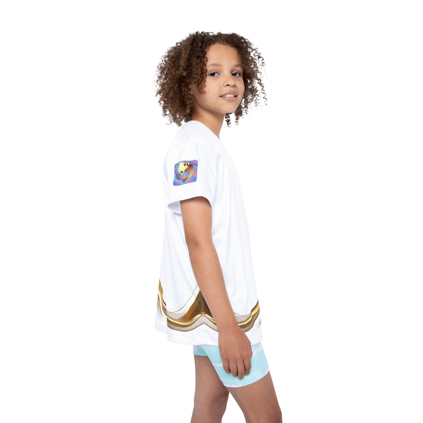 Child wearing a white t-shirt with a colorful logo on a white background