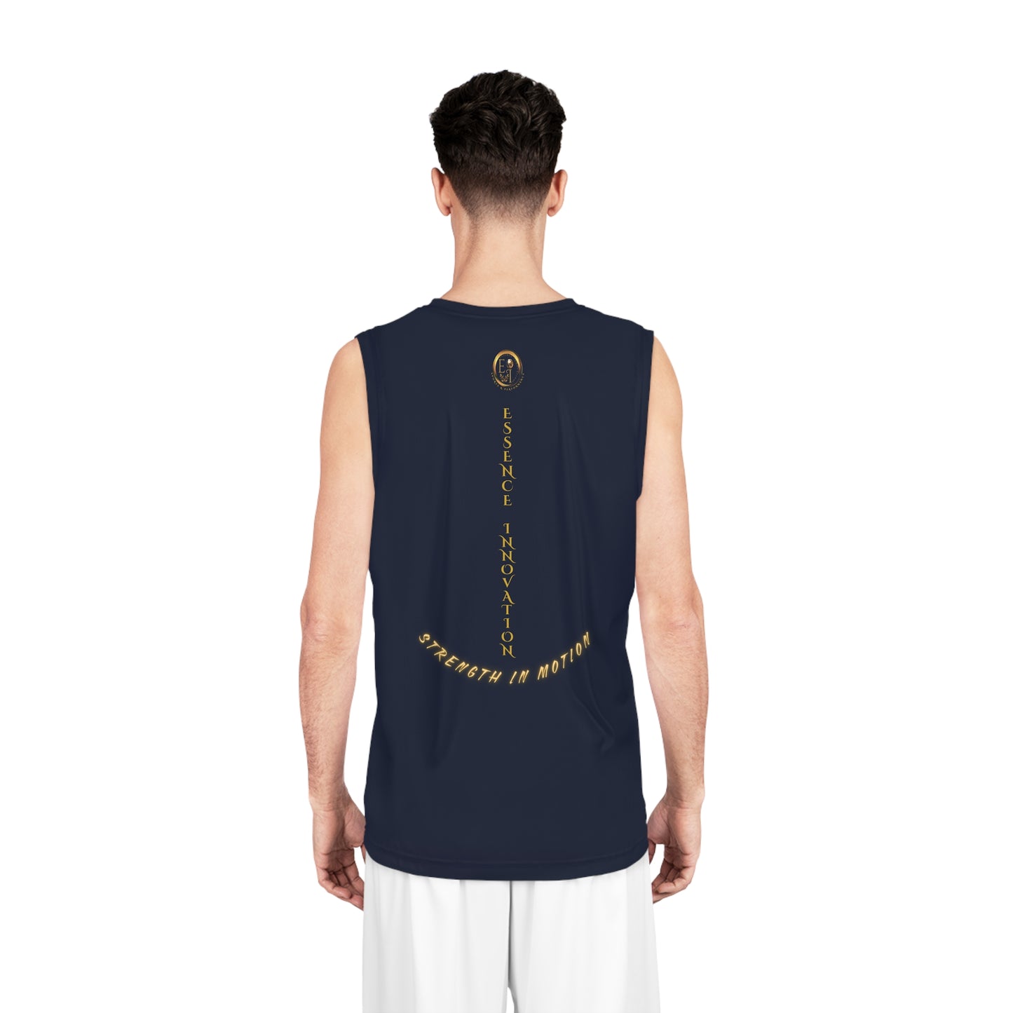 Person wearing a navy sleeveless shirt with text on the back against a white background