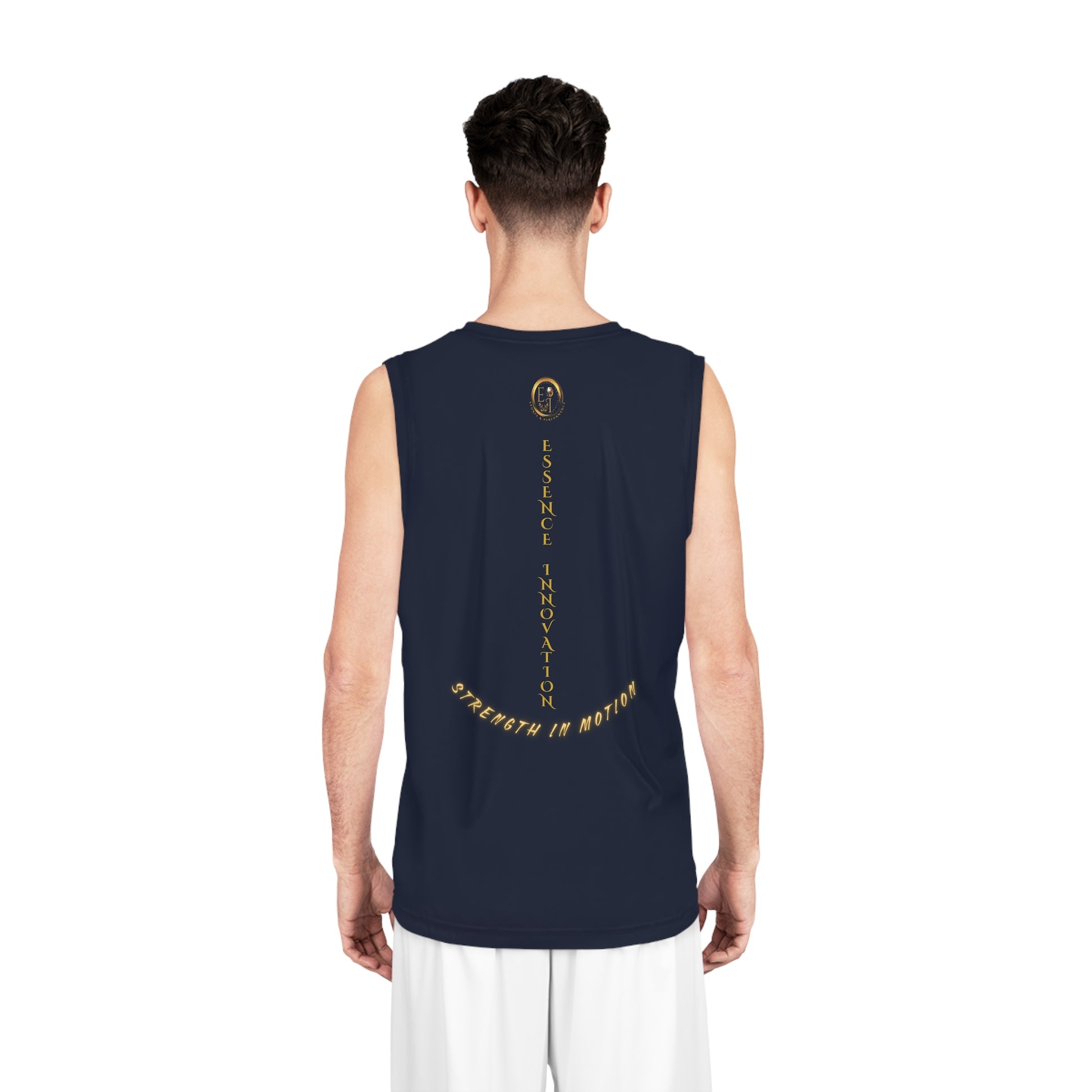 Person wearing a navy sleeveless shirt with text on the back against a white background