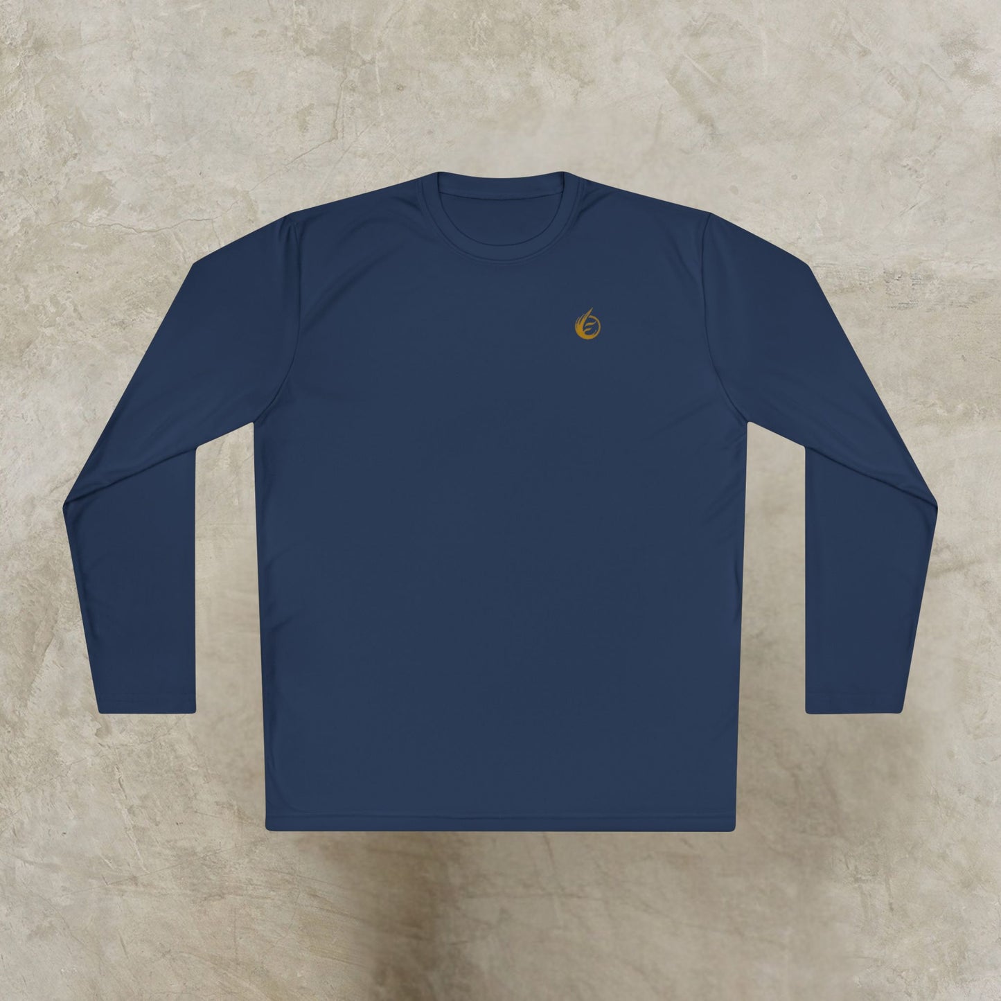Navy blue long-sleeve shirt with a small 'EssenceInnoCreate' logo on a beige background