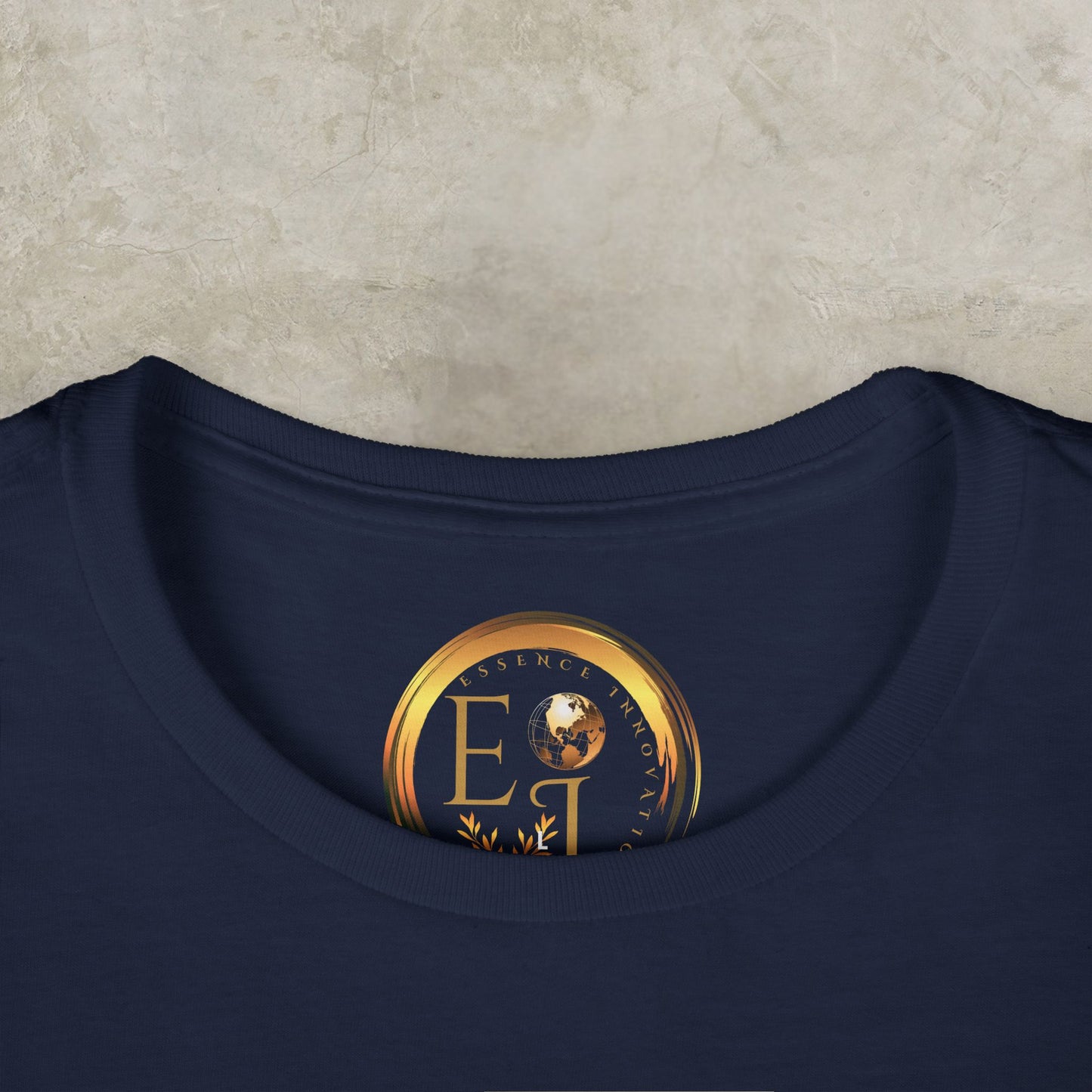 Navy blue Essence Innovation t-shirt on a textured beige background