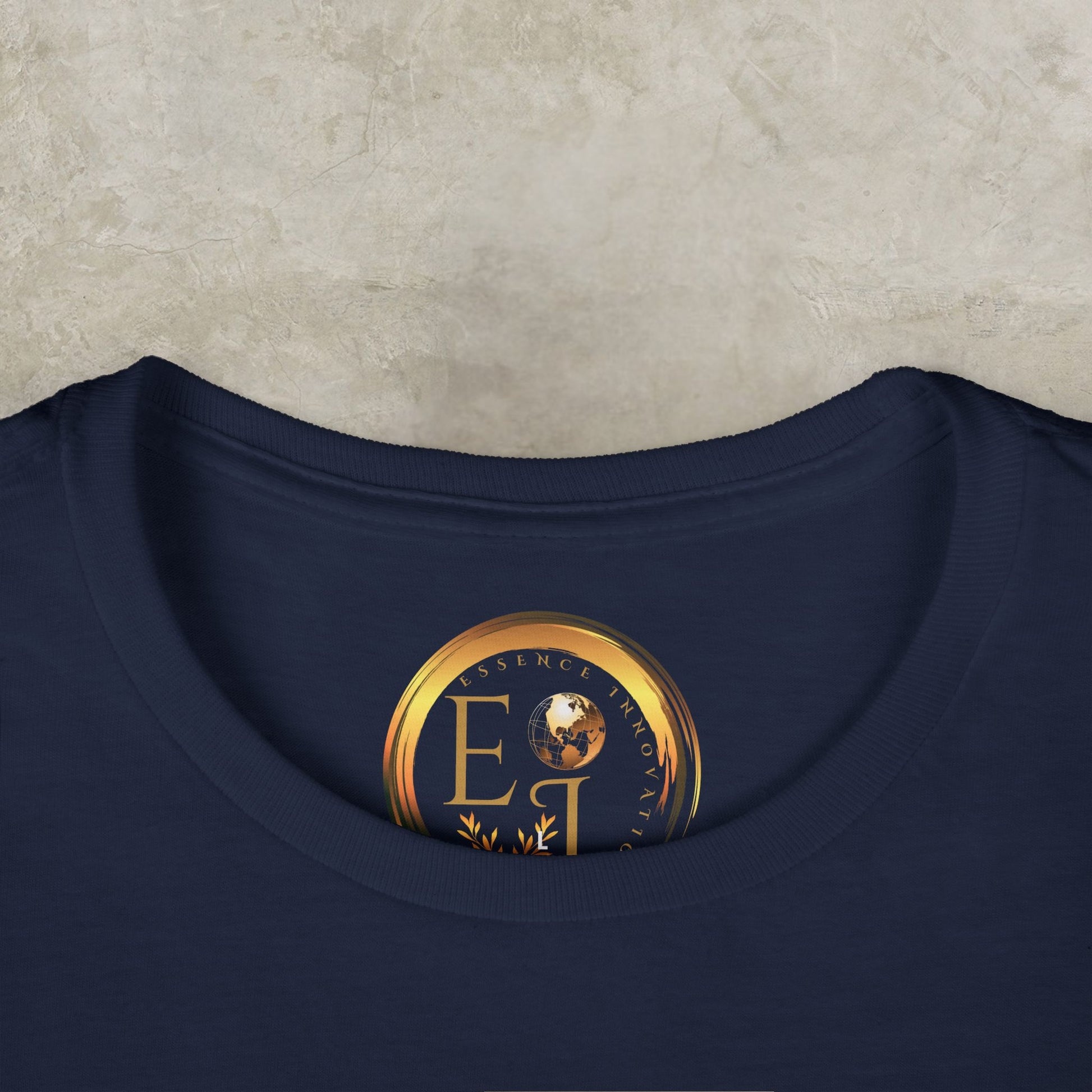 Navy blue Essence Innovation t-shirt on a textured beige background