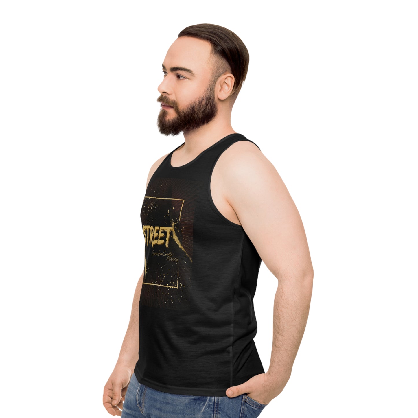 Man wearing a black EssenceInnoCreate tank top with gold text on a white background