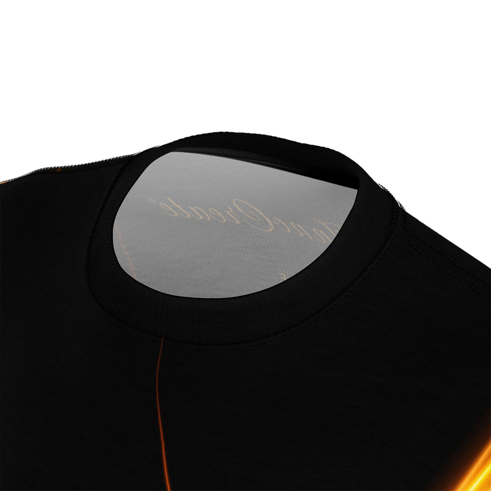 Close-up of a black 'EssenceInnoCreate' garment with a brand logo on a white background