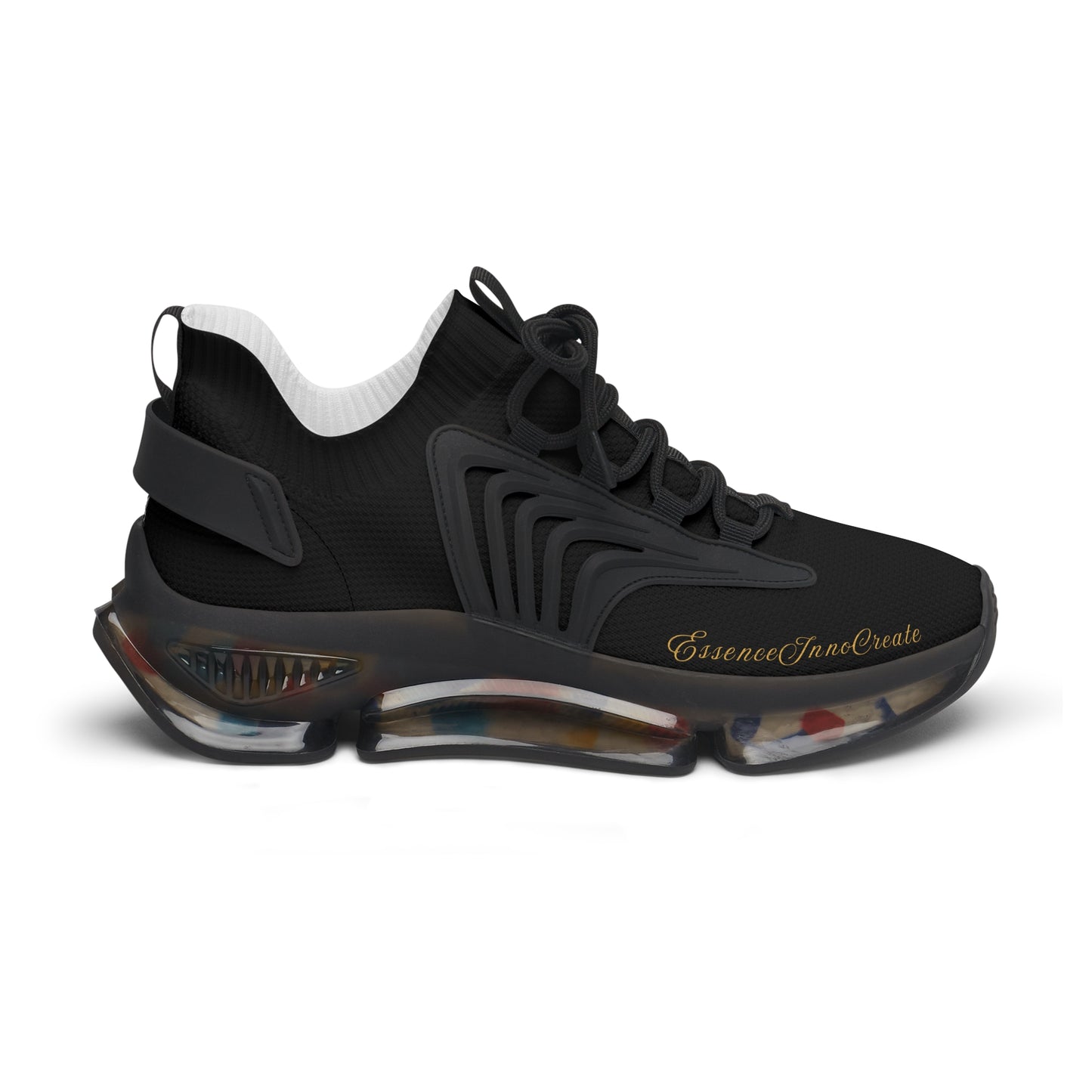 Black 'EssenceInnoCreate' sneaker with a unique sole design on a white background