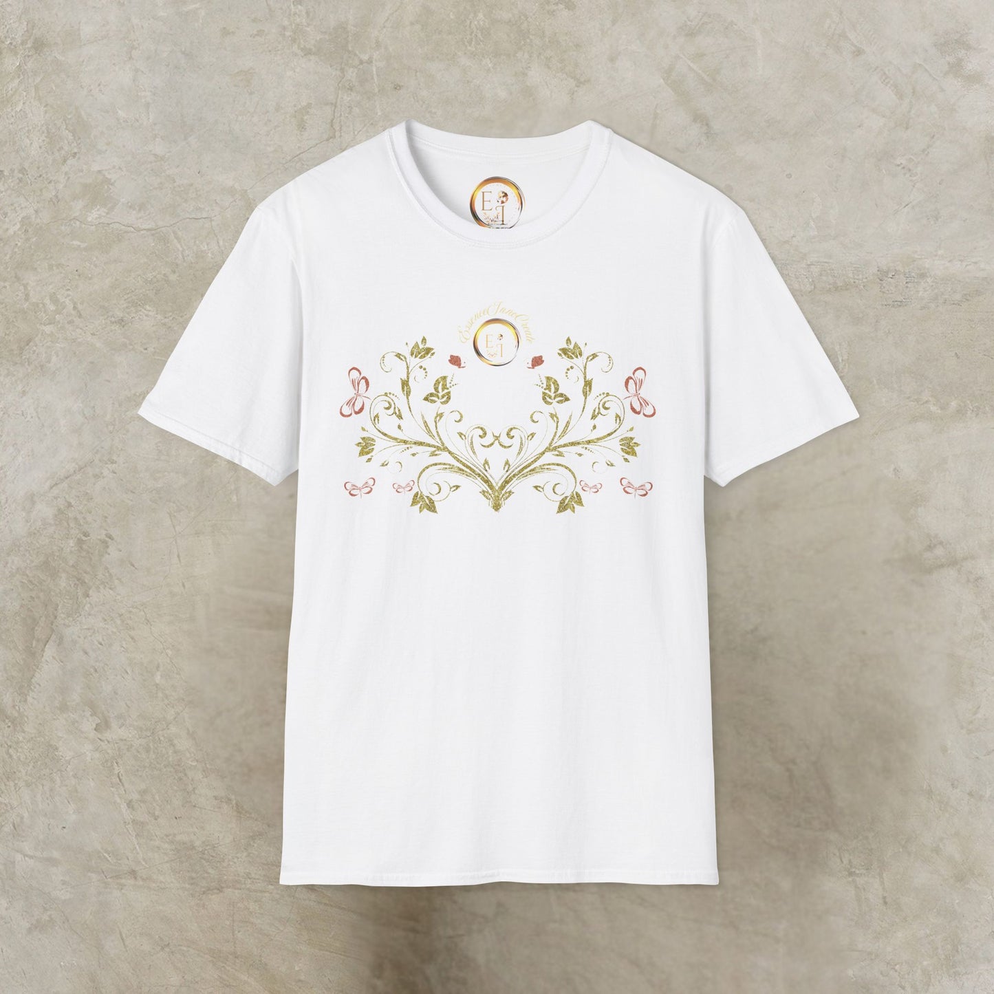 White t-shirt with Essence Innovation Bohemian Butterfly floral design on a textured beige background