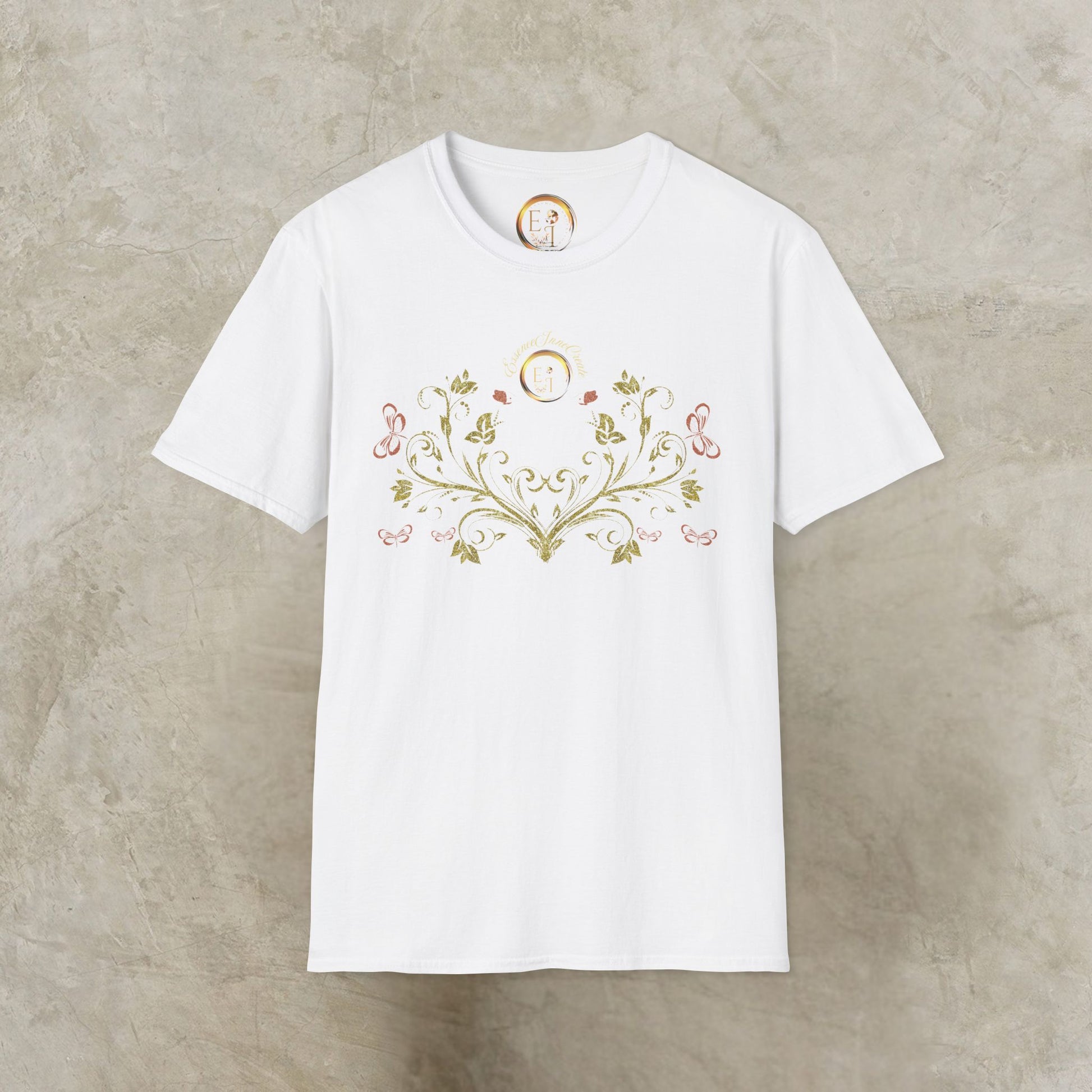 White t-shirt with Essence Innovation Bohemian Butterfly floral design on a textured beige background