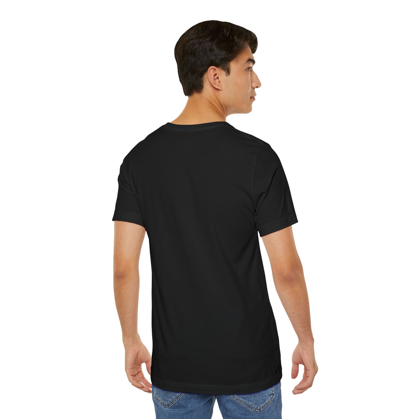 Person wearing a black EssenceInnoCreate t-shirt on a white background