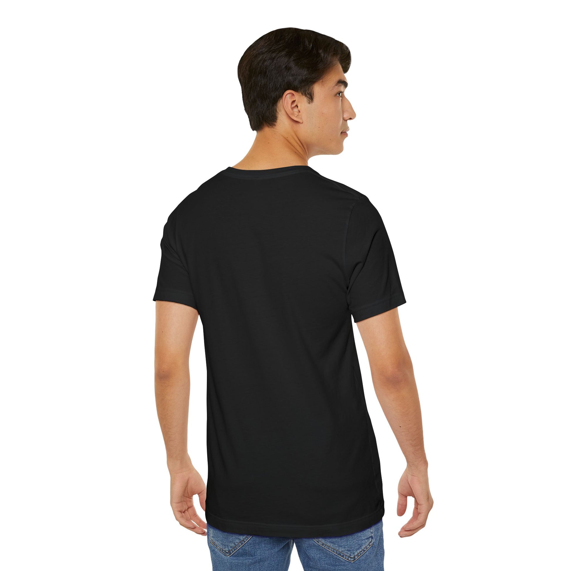 Person wearing a black EssenceInnoCreate t-shirt on a white background