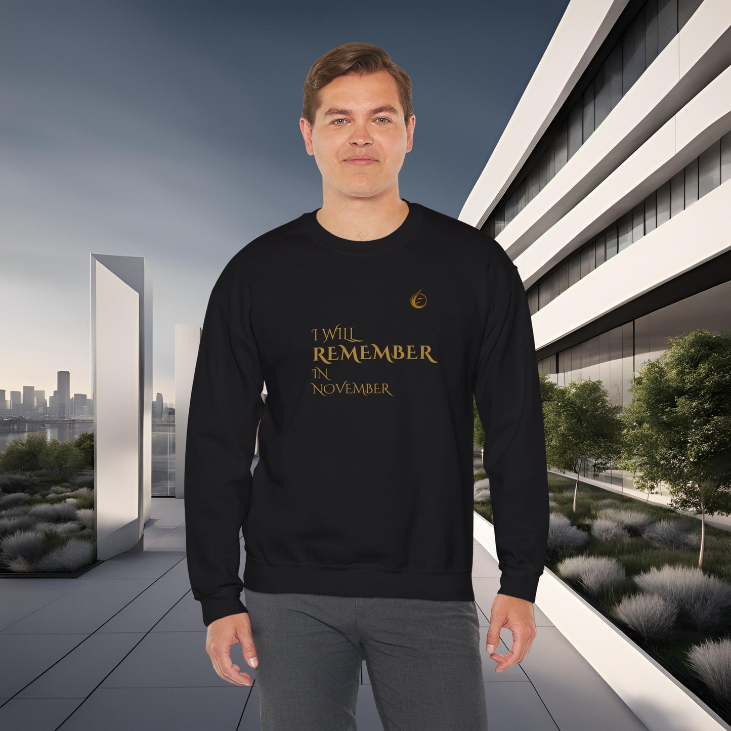 Man wearing a black EssenceInnoCreate Quiet Resolve sweatshirt with text standing in front of modern architecture.