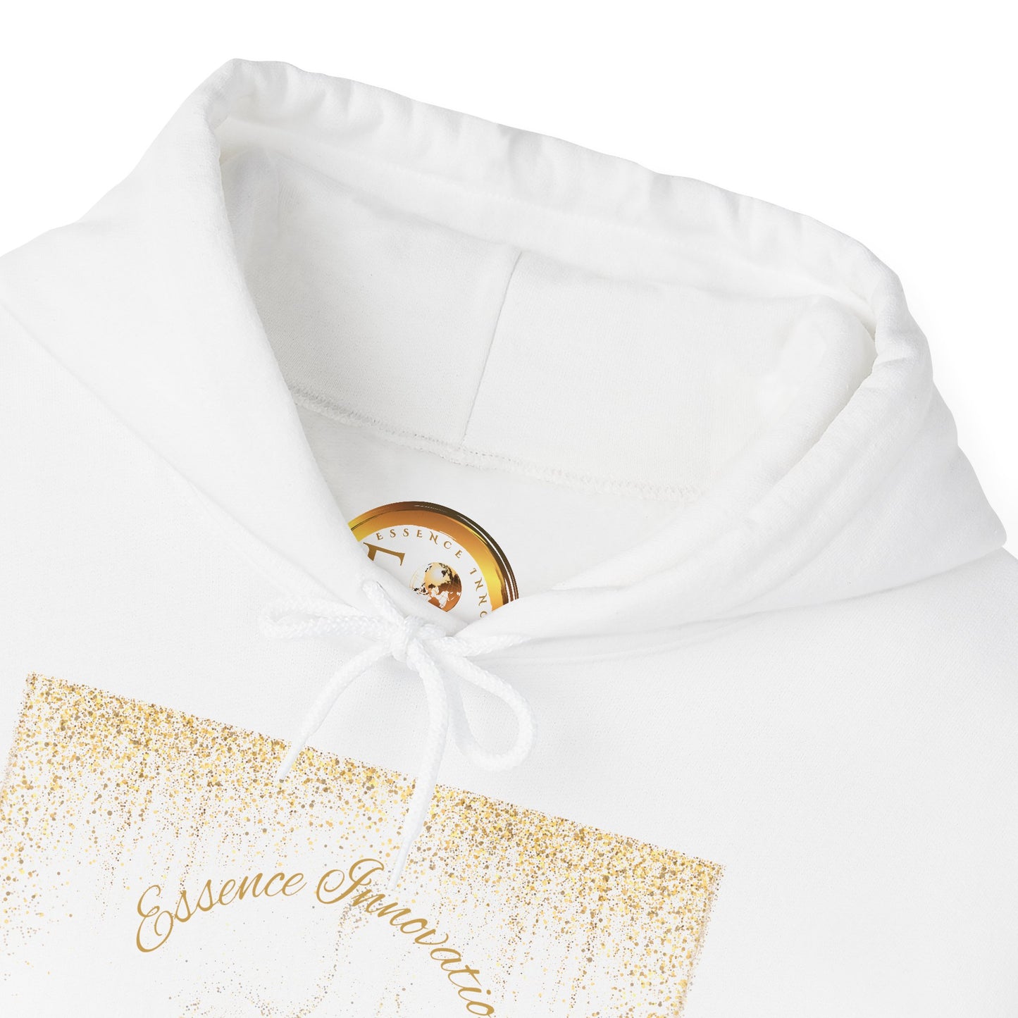 White hoodie with gold accents and 'Essence Innovation' branding on a white background