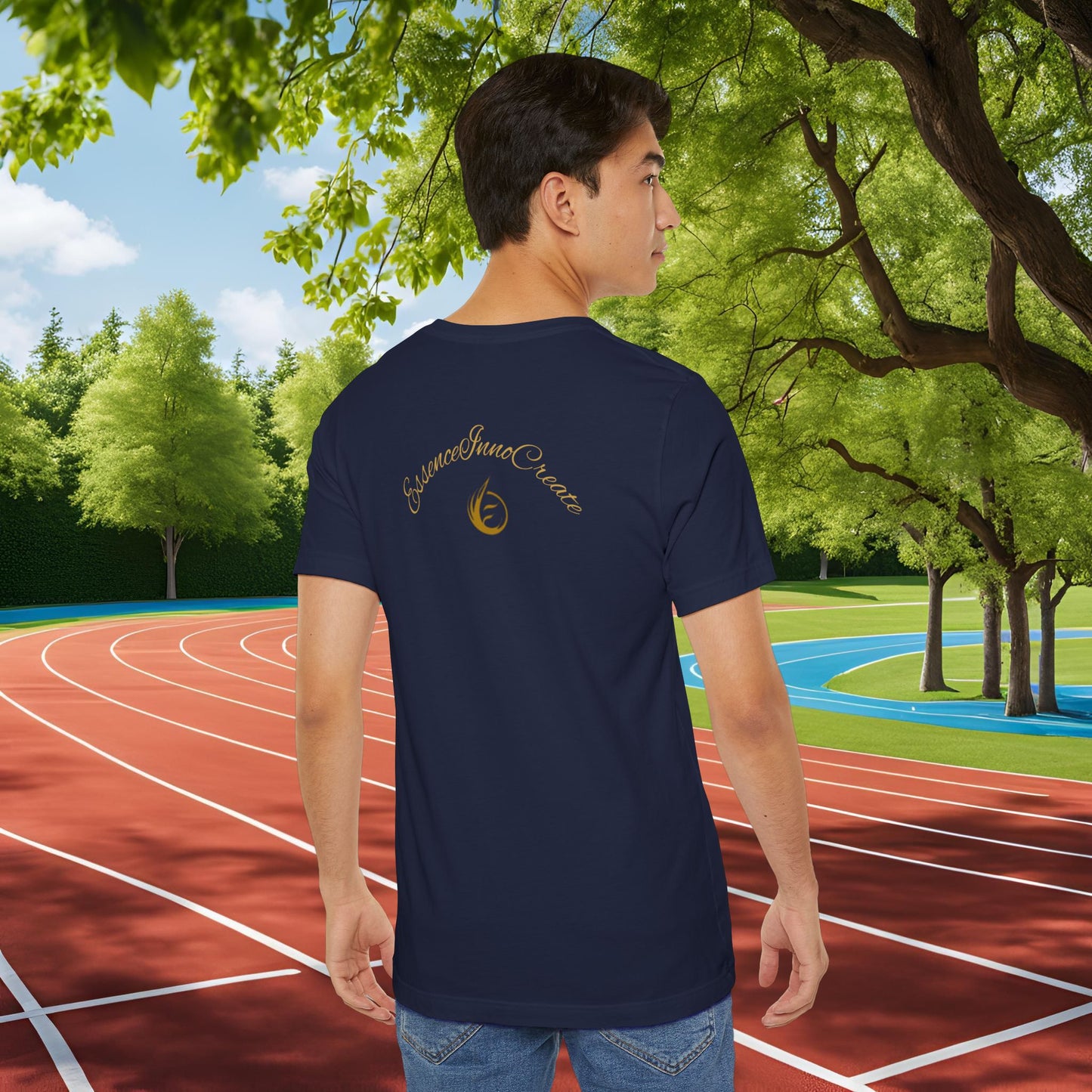 Person wearing a navy blue t-shirt with 'EssenceInnoCreate' text on the back, standing on a running track with greenery in the background.