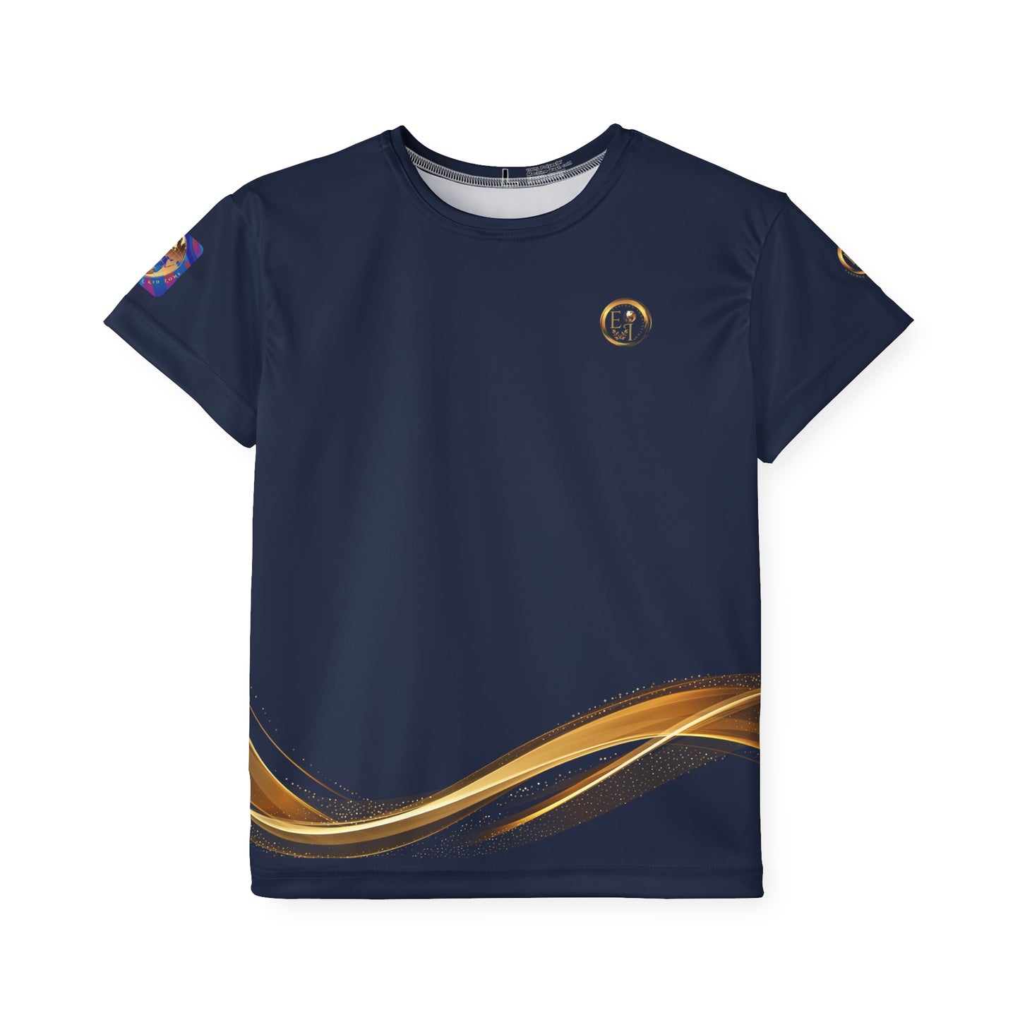 Navy blue t-shirt with gold essence innovation logo and design on a white background