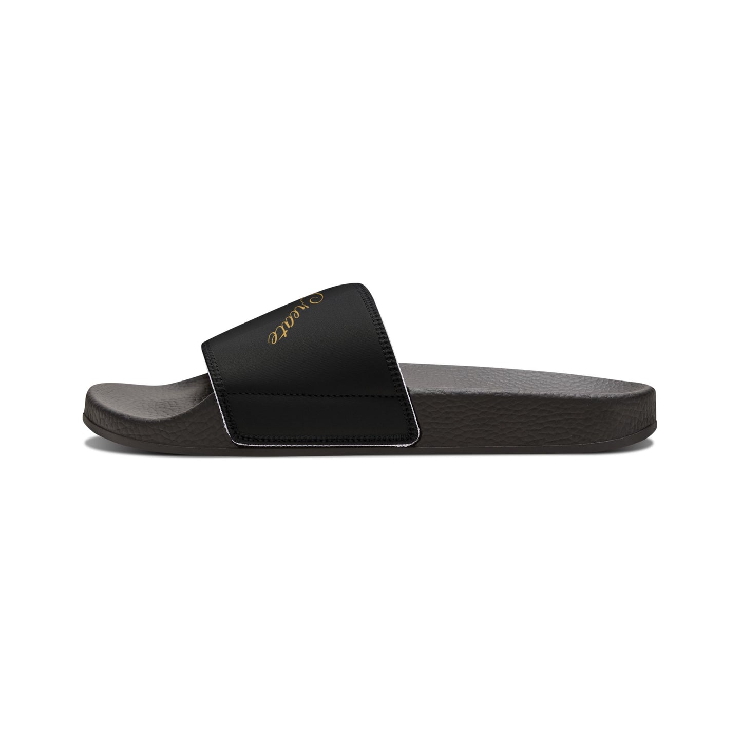Black EssenceInnoCreate slide sandal with a colorful logo on a white background