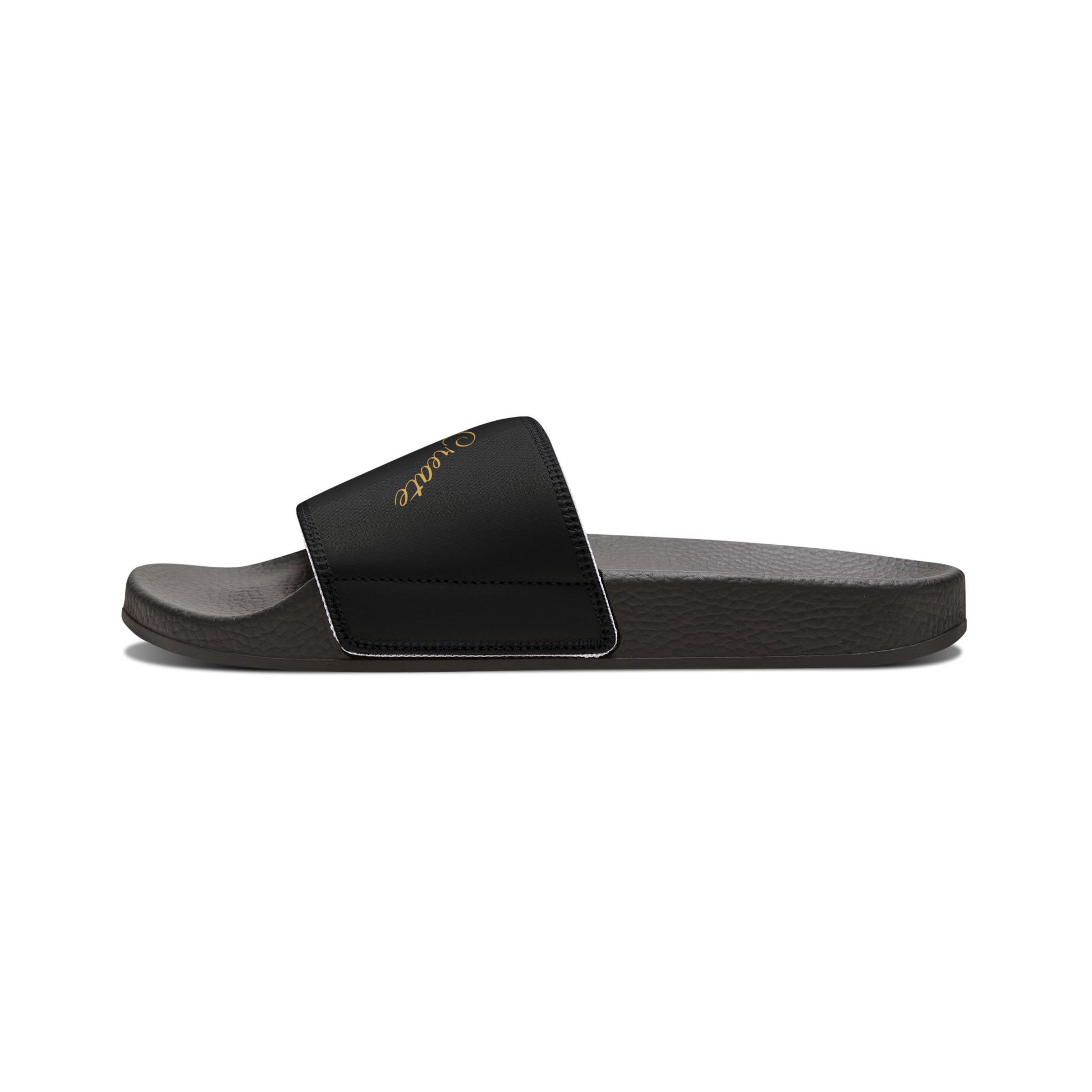Black EssenceInnoCreate slide sandal with a colorful logo on a white background