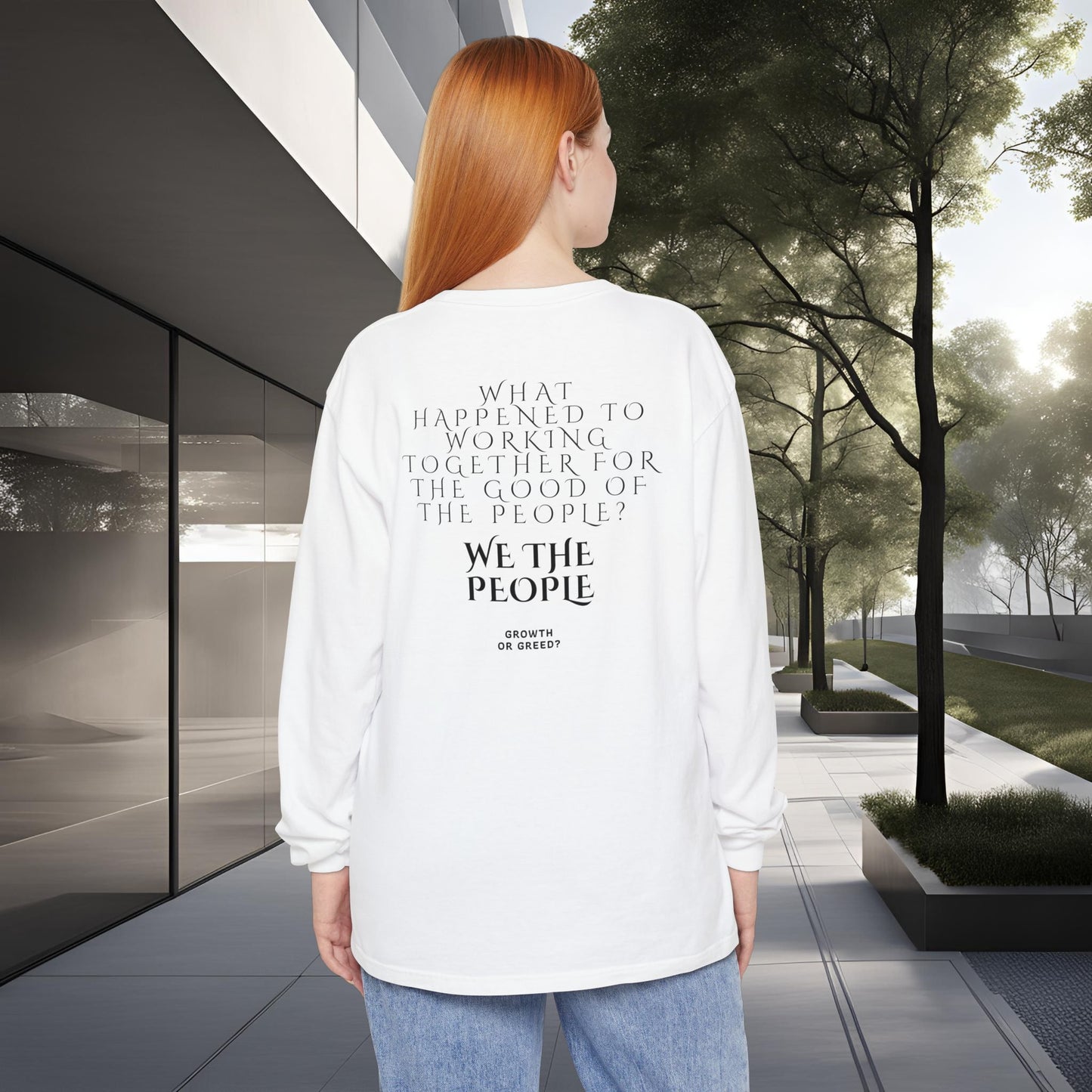 Person wearing a white shirt with EssenceInnoCreate Quiet Resolve text, standing in an outdoor setting with trees and modern building.