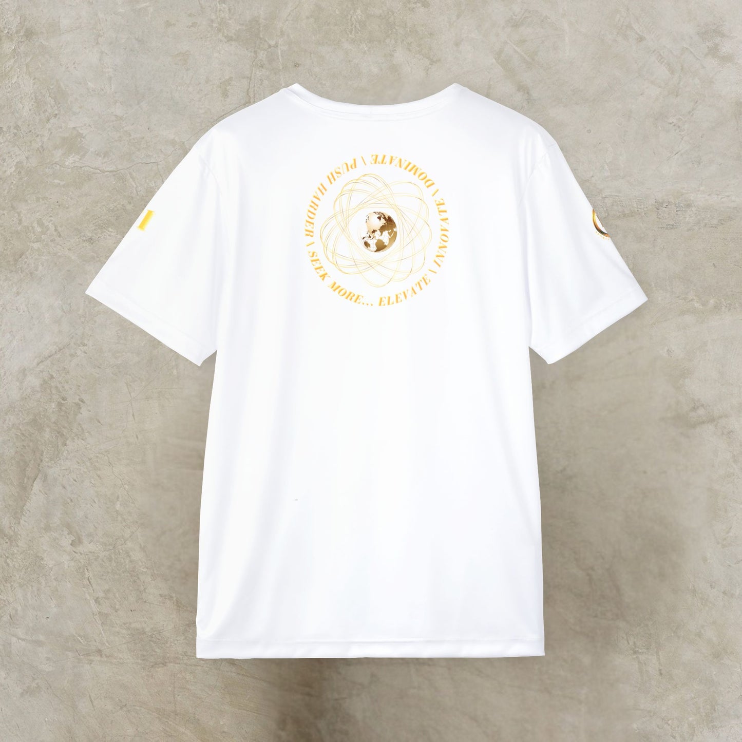 White t-shirt with gold Essence Innovation Seek More design on a textured gray background