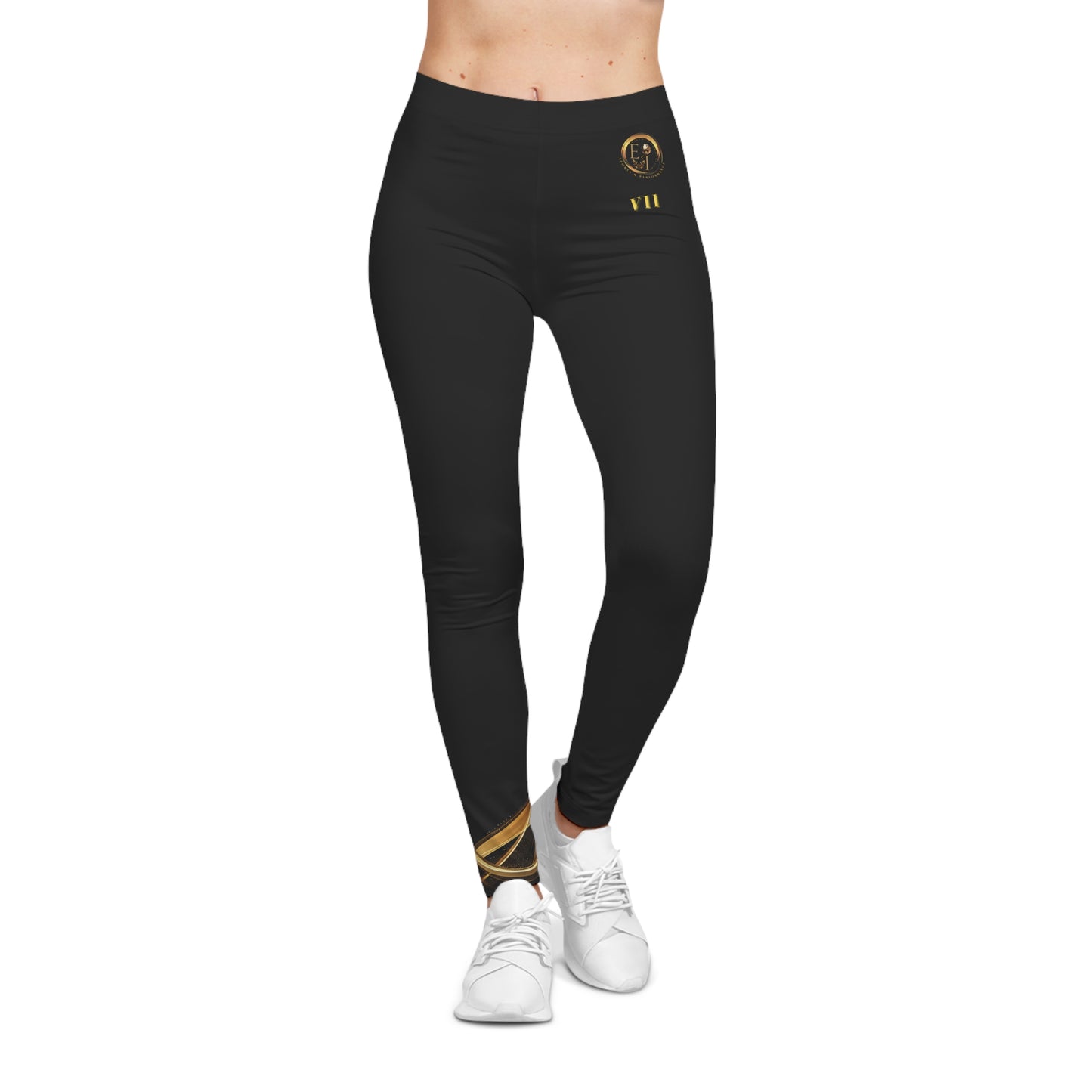 Black leggings with text and a red lip graphic on a white background
