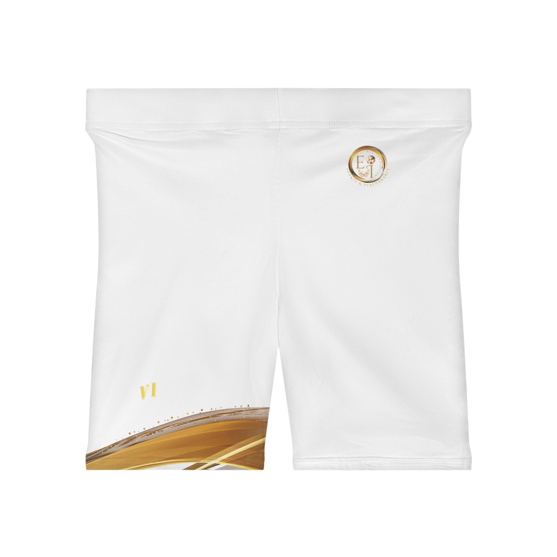 White athletic shorts with a gold logo on a white background