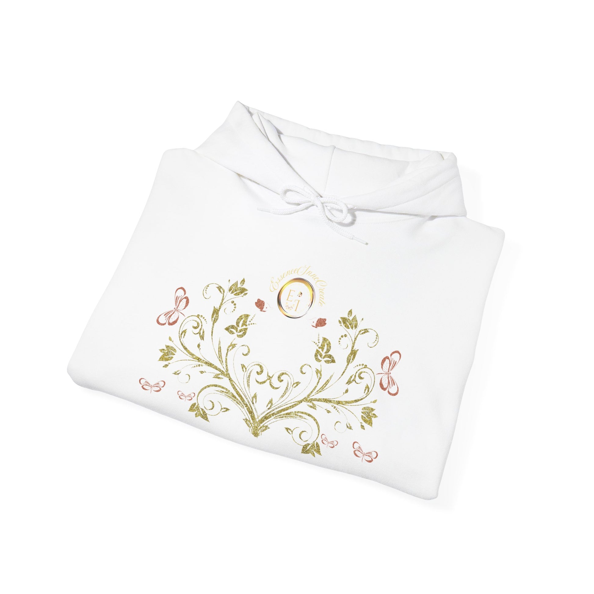 White baby outfit with floral Essence Innovation Bohemian Butterfly Crest design on a white background