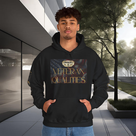 Person wearing an Essence Innovation black hoodie with 'Veteran Qualities' graphic in an outdoor setting