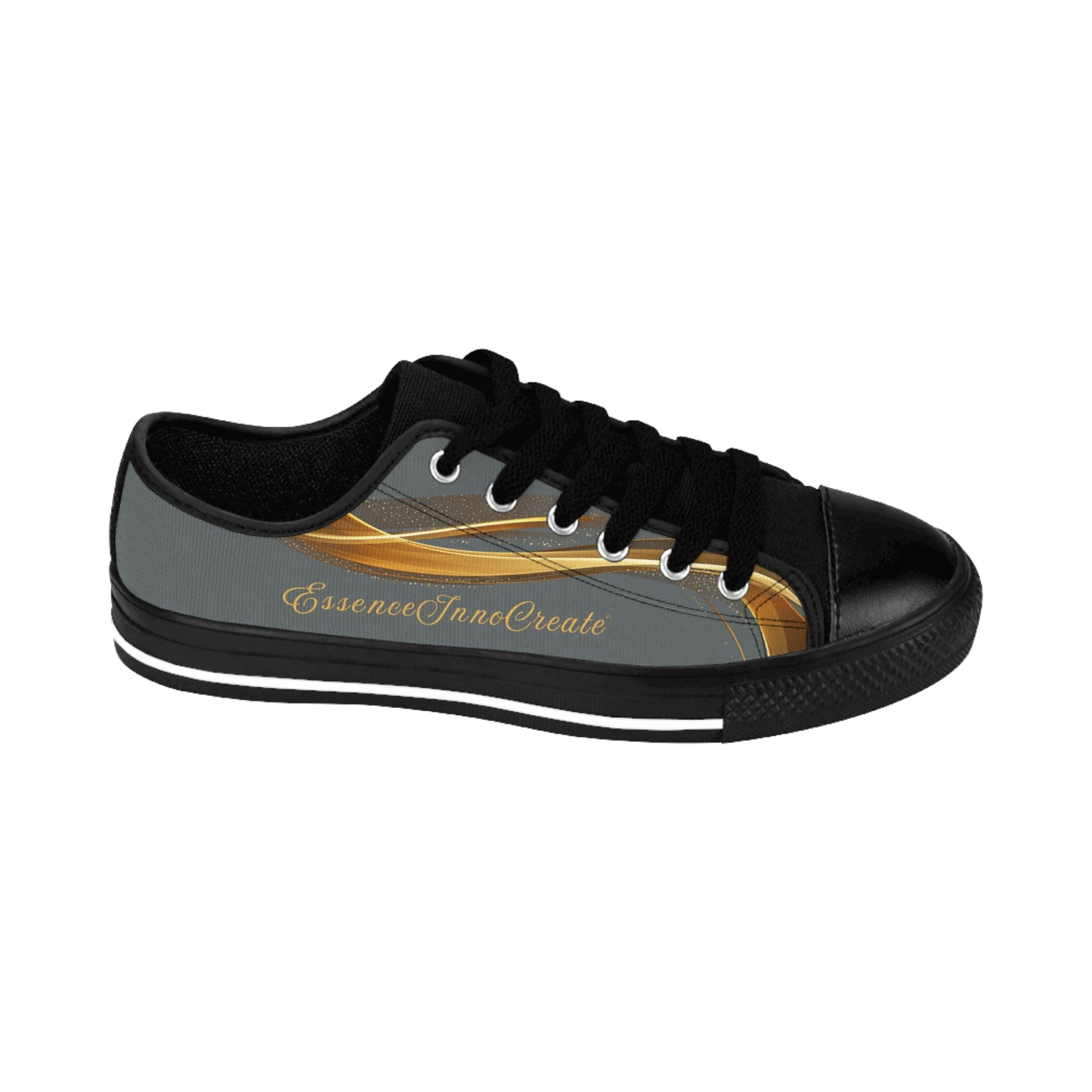 Black 'EssenceInnoCreate' sneaker with gray and gold design on a white background